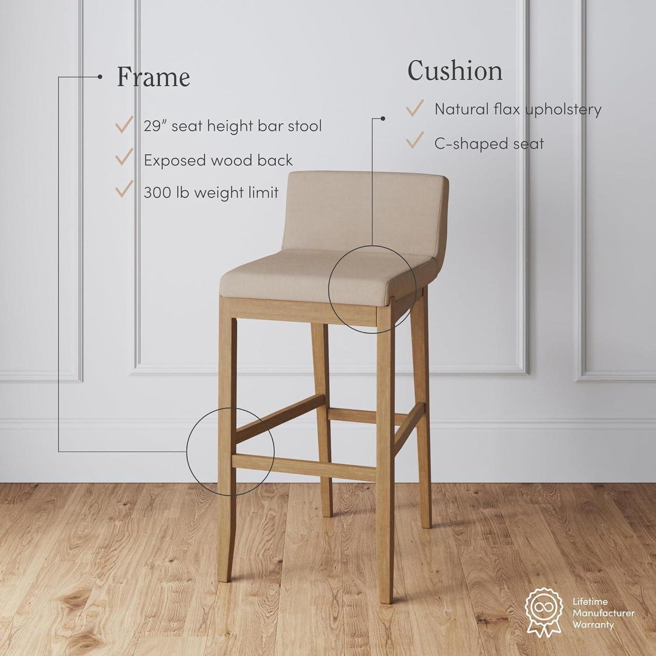 Alt view image 4 of 7 - Nathan James Gracie Modern Bar Stool with Back, Cushioned Bar Height Stool with Natural Flax Upholstery and Brushed Wooden Legs, Natural Flax/Brown, Set of 2