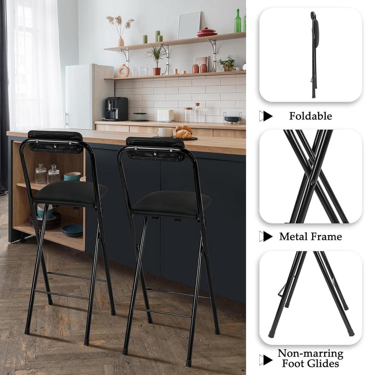 Alt view image 4 of 7 - Thyle Folding Bar Stool with Backrest, Leather Padded Counter Height Foldable Stool, Portable Folding High Seat Tall Bar Chairs for Outdoor Camping Kitchen Shop Cafe, Black(2 Pcs,29.5 Inch)