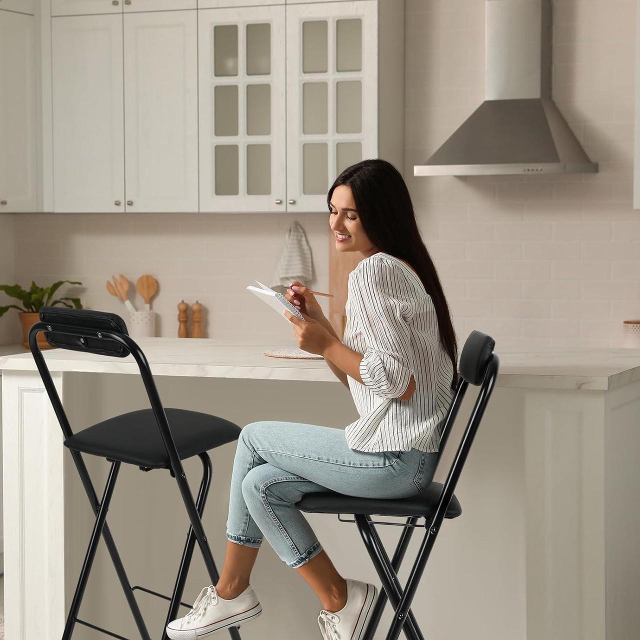 Alt view image 5 of 7 - Thyle Folding Bar Stool with Backrest, Leather Padded Counter Height Foldable Stool, Portable Folding High Seat Tall Bar Chairs for Outdoor Camping Kitchen Shop Cafe, Black(2 Pcs,29.5 Inch)