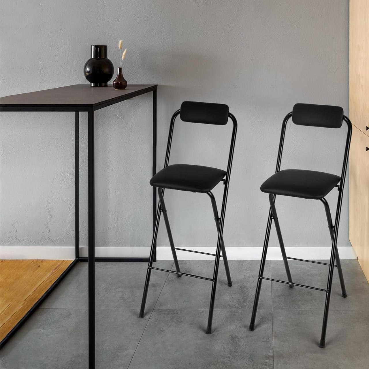 Alt view image 6 of 7 - Thyle Folding Bar Stool with Backrest, Leather Padded Counter Height Foldable Stool, Portable Folding High Seat Tall Bar Chairs for Outdoor Camping Kitchen Shop Cafe, Black(2 Pcs,29.5 Inch)