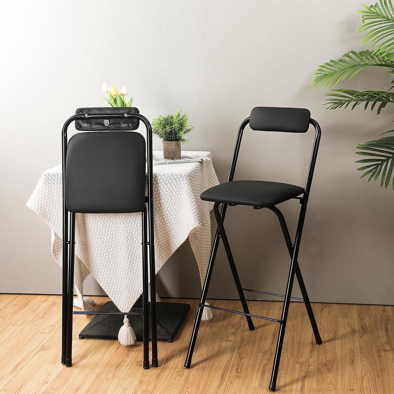 Alt view image 7 of 7 - Thyle Folding Bar Stool with Backrest, Leather Padded Counter Height Foldable Stool, Portable Folding High Seat Tall Bar Chairs for Outdoor Camping Kitchen Shop Cafe, Black(2 Pcs,29.5 Inch)