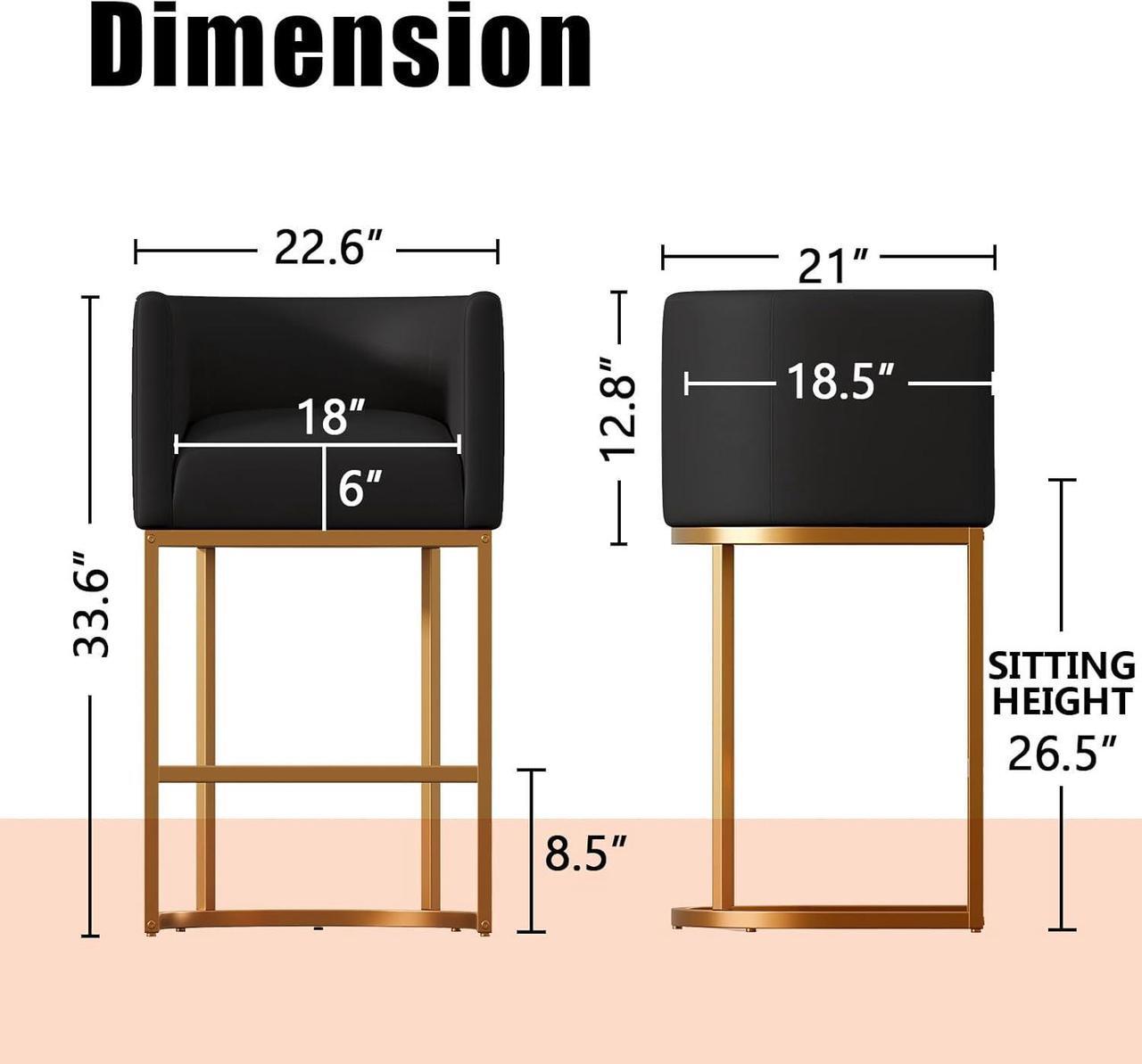 Alt view image 2 of 7 - Modern Bar Stools Set of 3,26 Inch Upholstered PU Leather Counter Height Barstool with Tubular Frame,Black Leather Bar Stools,Island Chairs Cream (Black+Gold, 3-Pack)
