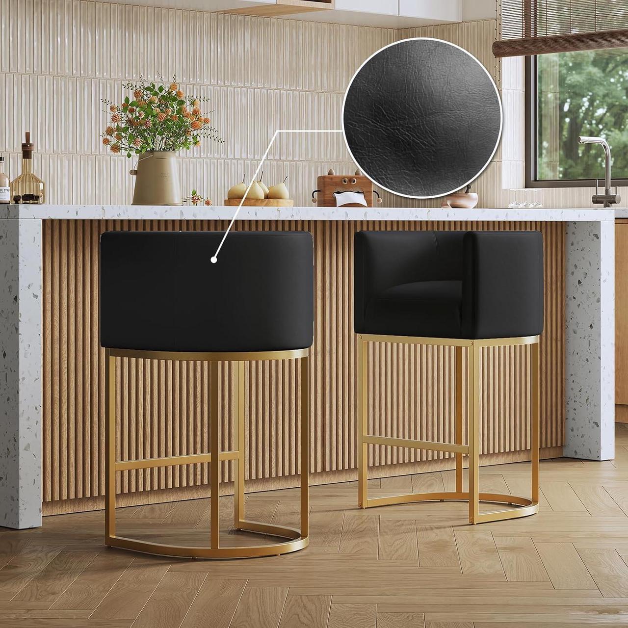 Alt view image 3 of 7 - Modern Bar Stools Set of 3,26 Inch Upholstered PU Leather Counter Height Barstool with Tubular Frame,Black Leather Bar Stools,Island Chairs Cream (Black+Gold, 3-Pack)