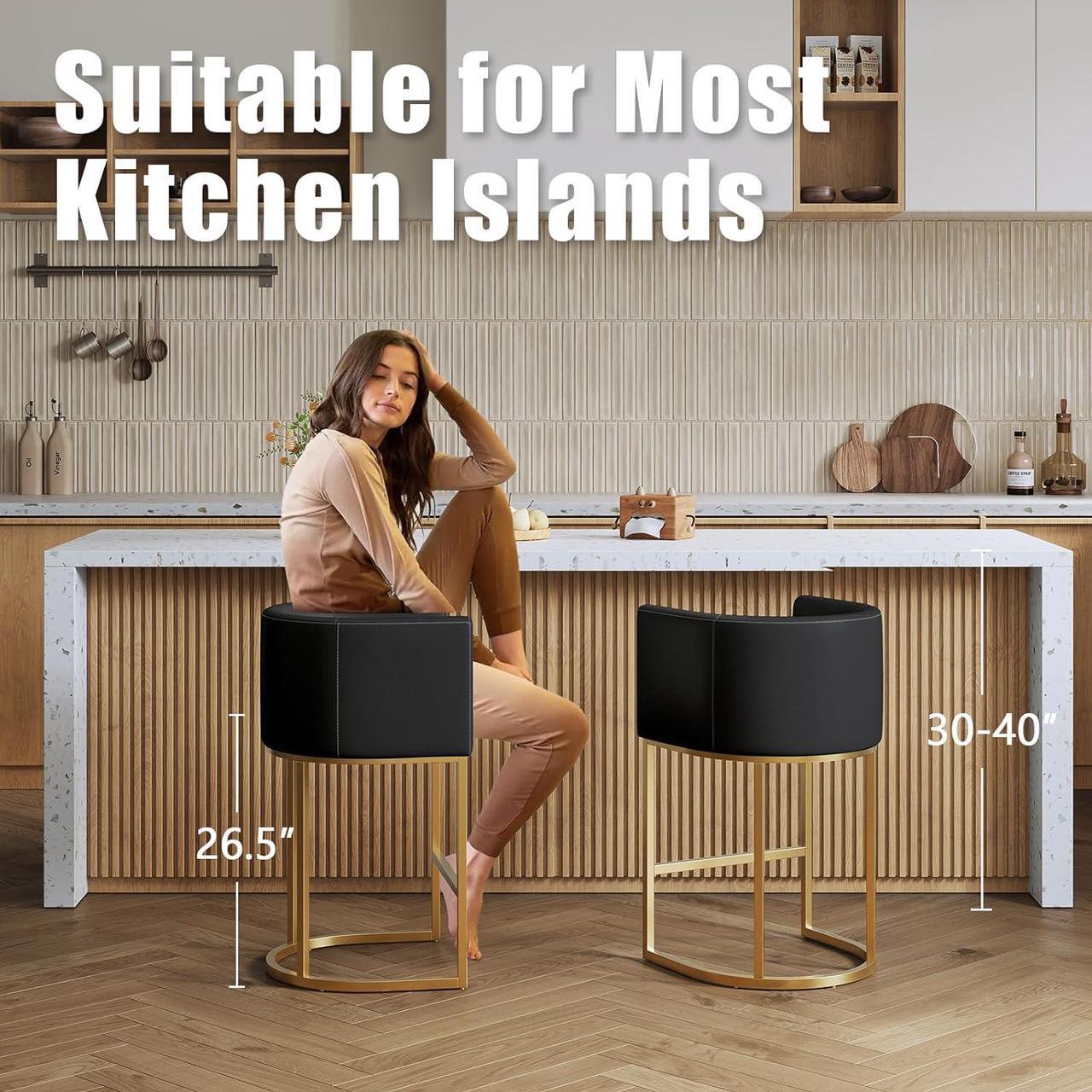 Alt view image 4 of 7 - Modern Bar Stools Set of 3,26 Inch Upholstered PU Leather Counter Height Barstool with Tubular Frame,Black Leather Bar Stools,Island Chairs Cream (Black+Gold, 3-Pack)