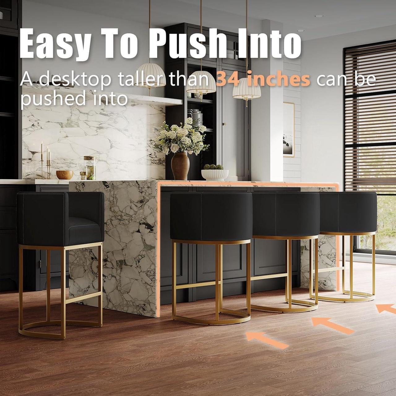 Alt view image 6 of 7 - Modern Bar Stools Set of 3,26 Inch Upholstered PU Leather Counter Height Barstool with Tubular Frame,Black Leather Bar Stools,Island Chairs Cream (Black+Gold, 3-Pack)