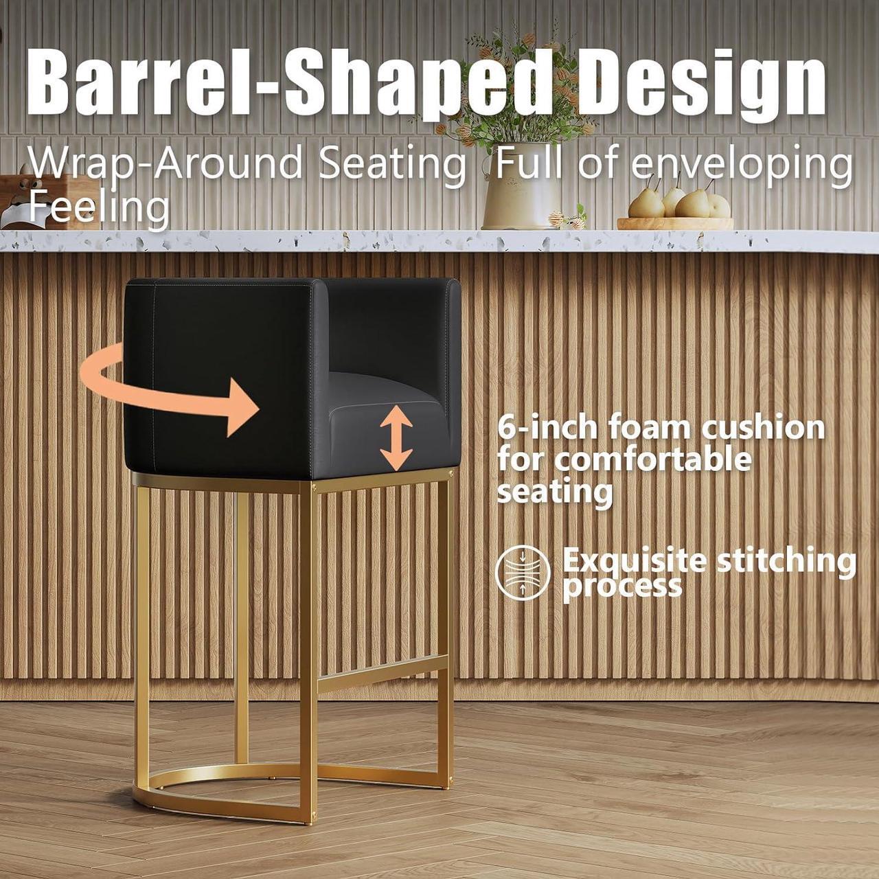 Alt view image 7 of 7 - Modern Bar Stools Set of 3,26 Inch Upholstered PU Leather Counter Height Barstool with Tubular Frame,Black Leather Bar Stools,Island Chairs Cream (Black+Gold, 3-Pack)
