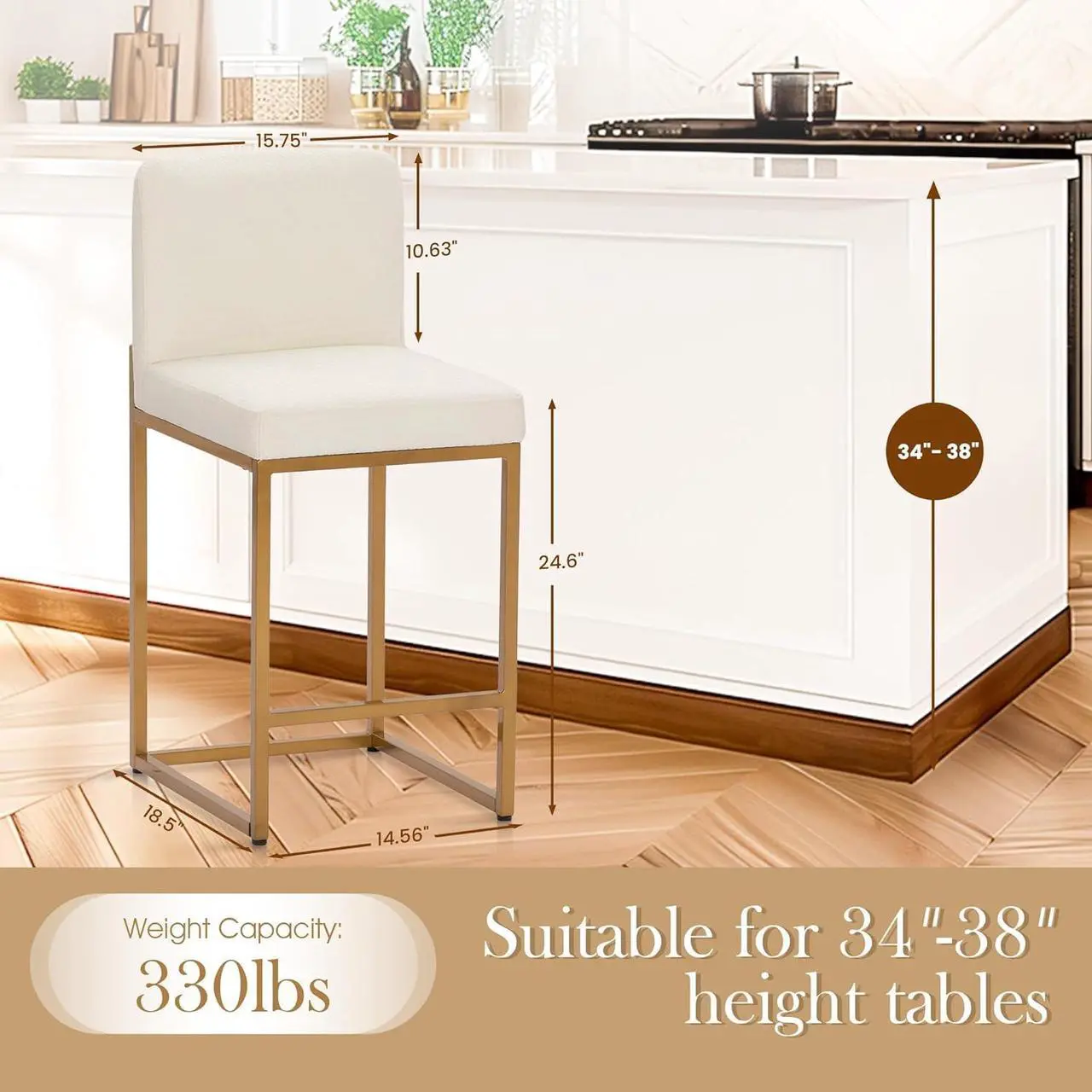 Alt view image 2 of 7 - Sophia & William Bar Stools Set of 4, White & Gold Bar Stools with Back, Counter Height 24 Bar Stools for Kitchen Island, White Leather Modern Bar Stools