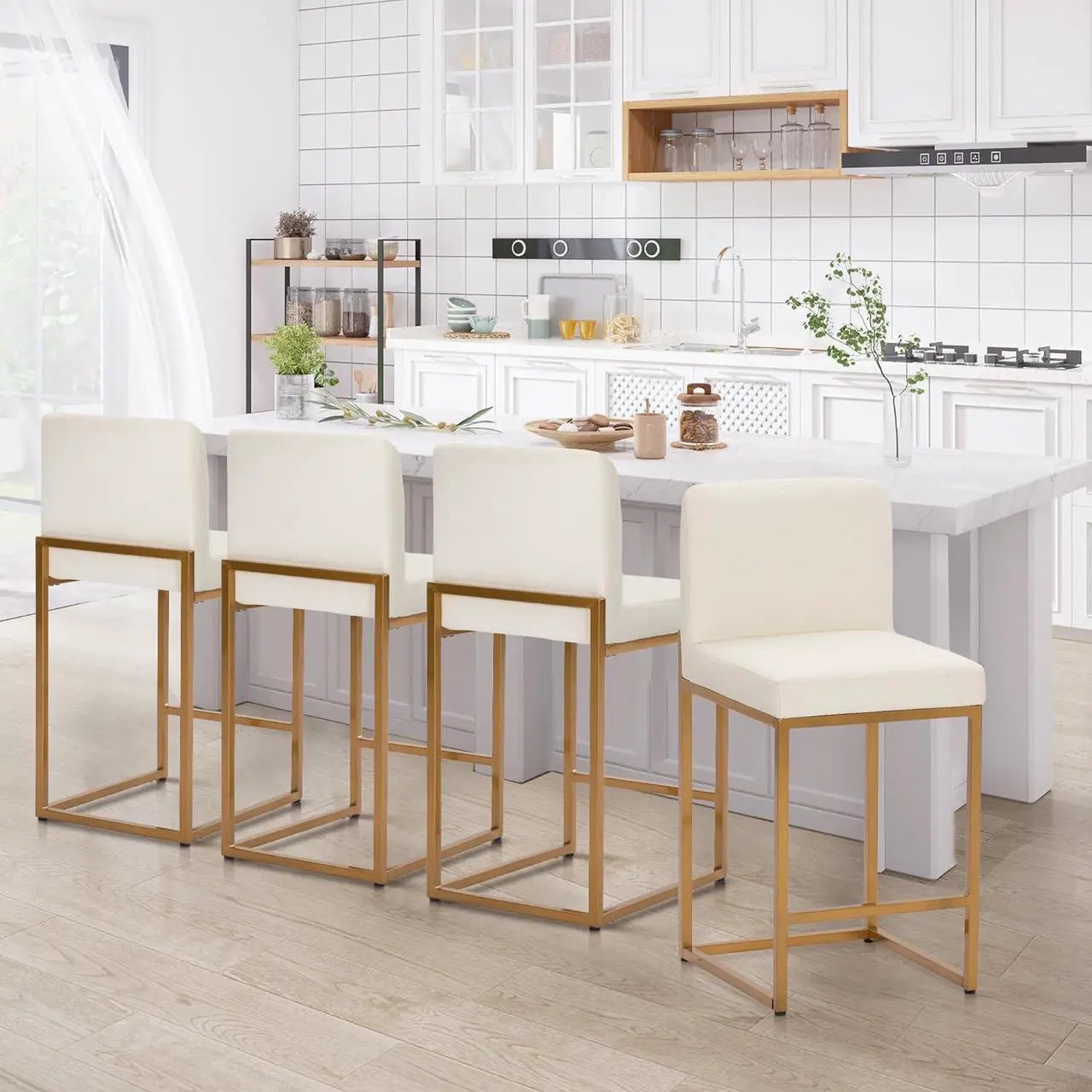 Main image of Sophia & William Bar Stools Set of 4, White & Gold Bar Stools with Back, Counter Height 24 Bar Stools for Kitchen Island, White Leather Modern Bar Stools