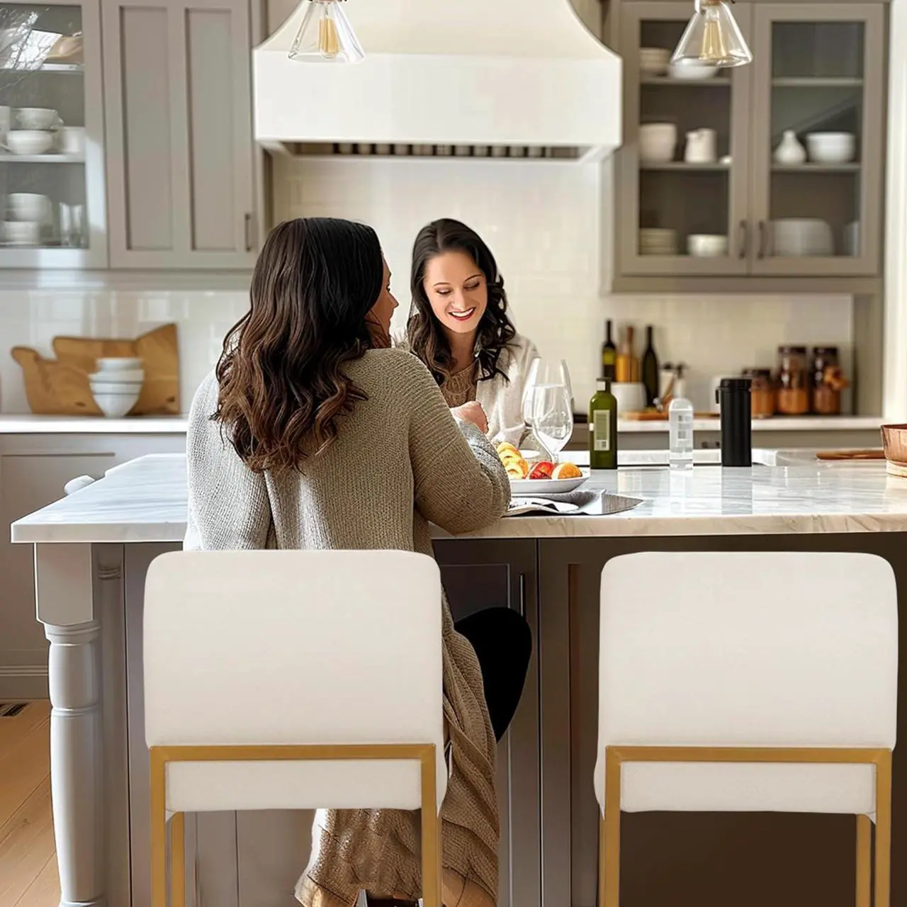 Alt view image 3 of 7 - Sophia & William Bar Stools Set of 4, White & Gold Bar Stools with Back, Counter Height 24 Bar Stools for Kitchen Island, White Leather Modern Bar Stools