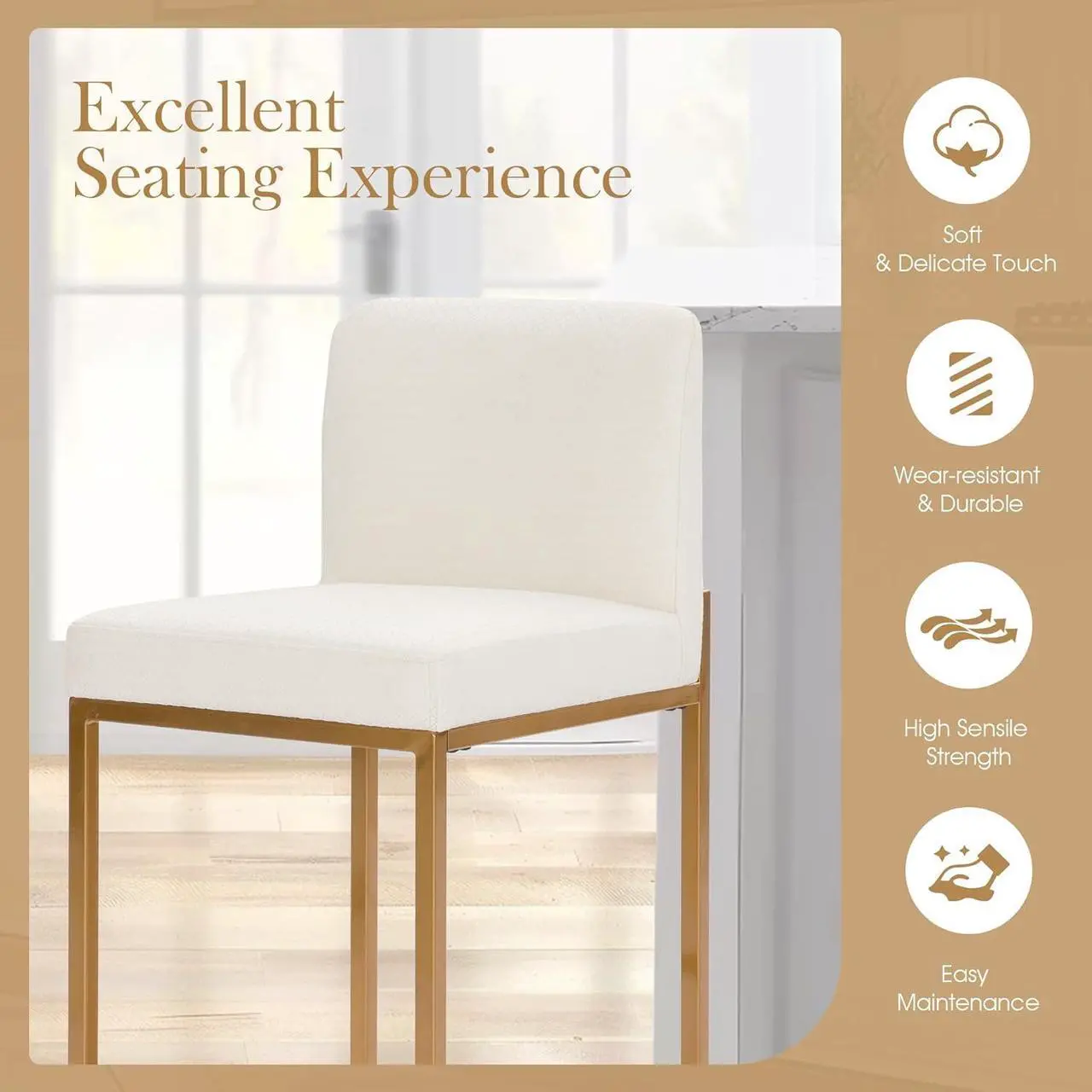 Alt view image 5 of 7 - Sophia & William Bar Stools Set of 4, White & Gold Bar Stools with Back, Counter Height 24 Bar Stools for Kitchen Island, White Leather Modern Bar Stools