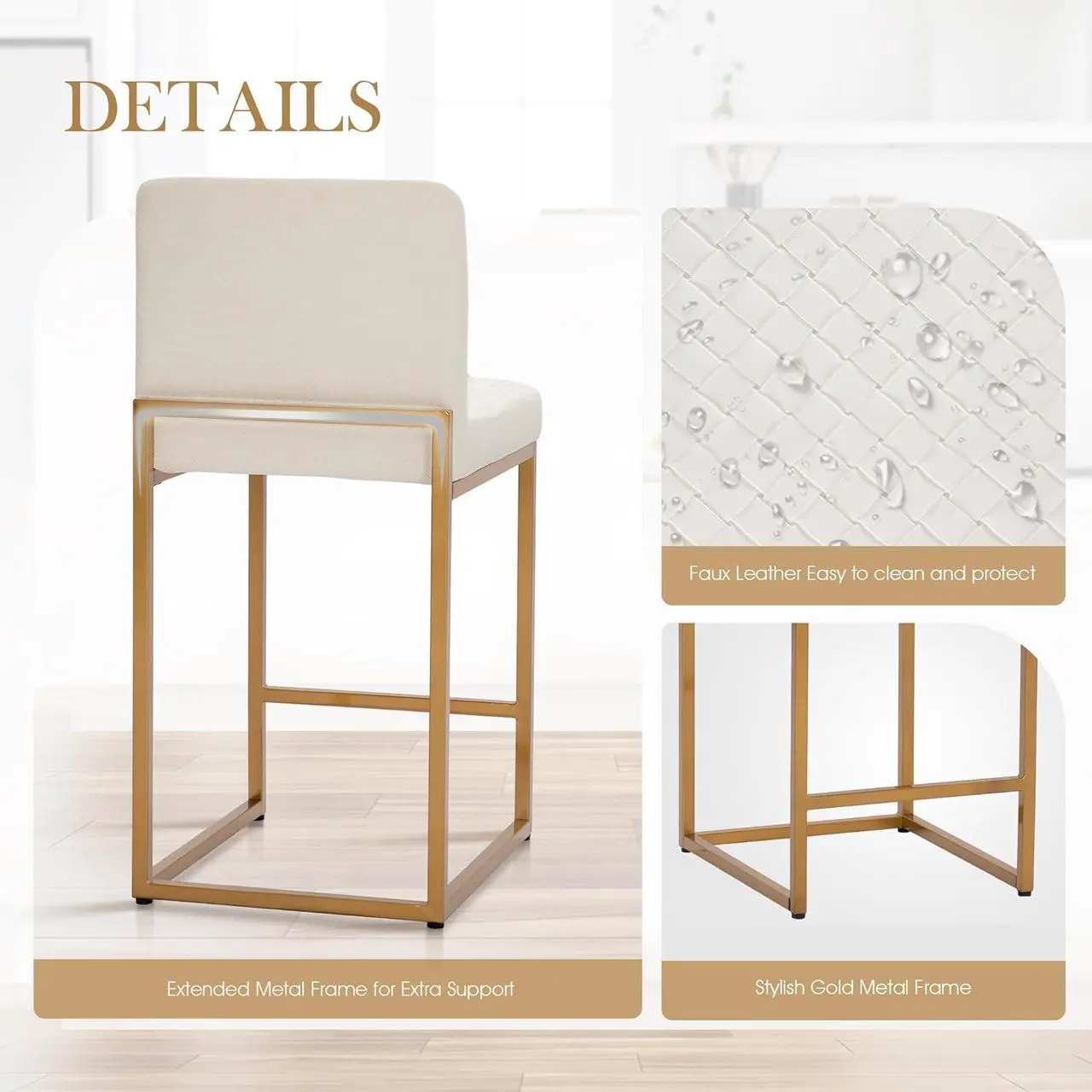 Alt view image 4 of 7 - Sophia & William Bar Stools Set of 4, White & Gold Bar Stools with Back, Counter Height 24 Bar Stools for Kitchen Island, White Leather Modern Bar Stools