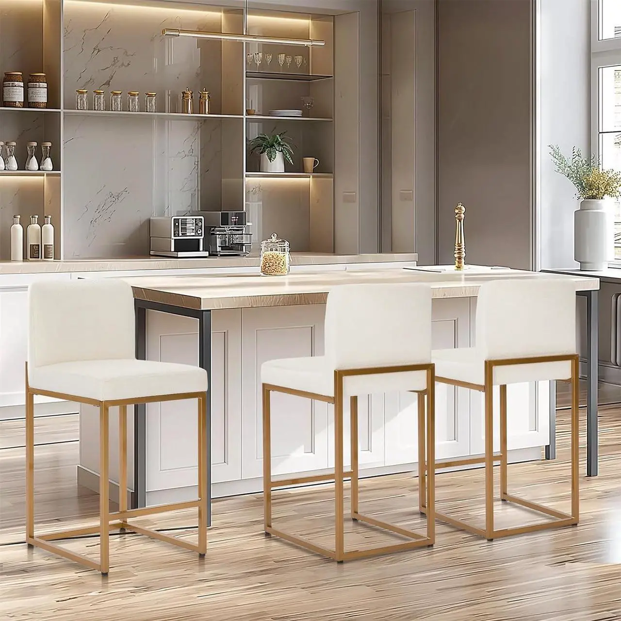 Alt view image 6 of 7 - Sophia & William Bar Stools Set of 4, White & Gold Bar Stools with Back, Counter Height 24 Bar Stools for Kitchen Island, White Leather Modern Bar Stools