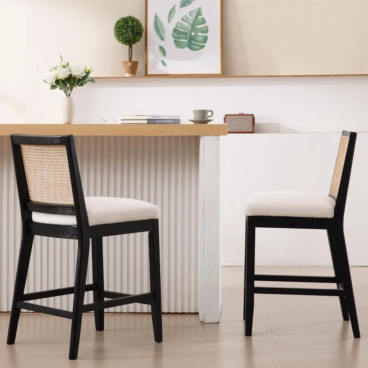 Main image of 26.5" Rattan Bar Stools Set of 2 Modern Sherpa Fabric Upholstered Counter Height Bar Stools, Kitchen Island Barstools with Rattan Back, Black Finish Wood Legs Bar Chairs, White