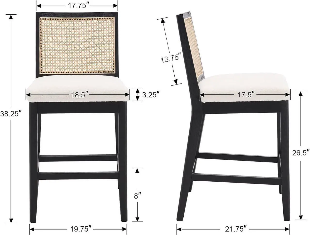 Alt view image 2 of 6 - 26.5" Rattan Bar Stools Set of 2 Modern Sherpa Fabric Upholstered Counter Height Bar Stools, Kitchen Island Barstools with Rattan Back, Black Finish Wood Legs Bar Chairs, White