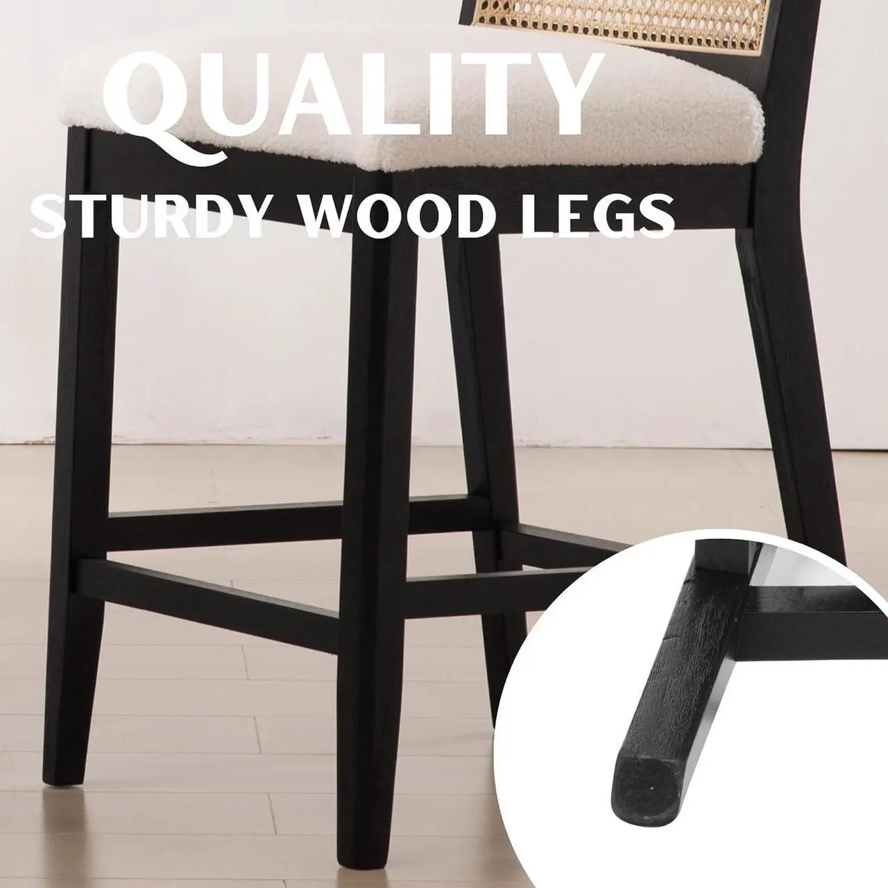 Alt view image 5 of 6 - 26.5" Rattan Bar Stools Set of 2 Modern Sherpa Fabric Upholstered Counter Height Bar Stools, Kitchen Island Barstools with Rattan Back, Black Finish Wood Legs Bar Chairs, White
