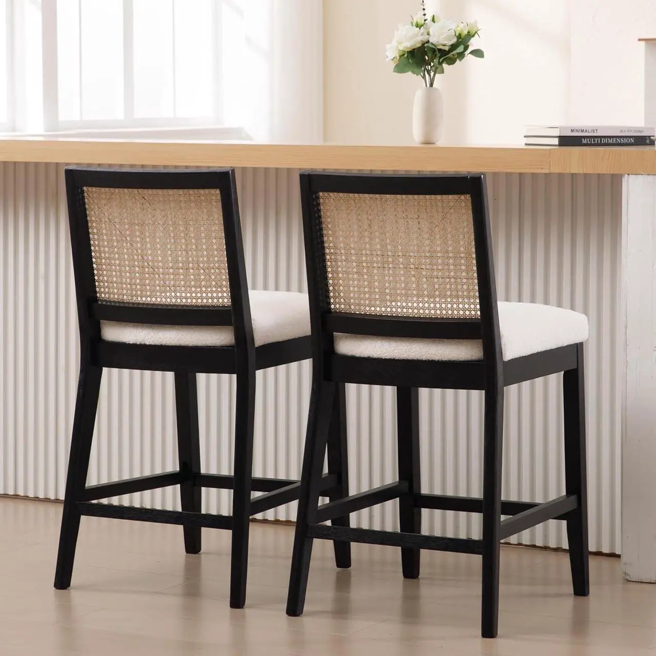 Alt view image 6 of 6 - 26.5" Rattan Bar Stools Set of 2 Modern Sherpa Fabric Upholstered Counter Height Bar Stools, Kitchen Island Barstools with Rattan Back, Black Finish Wood Legs Bar Chairs, White