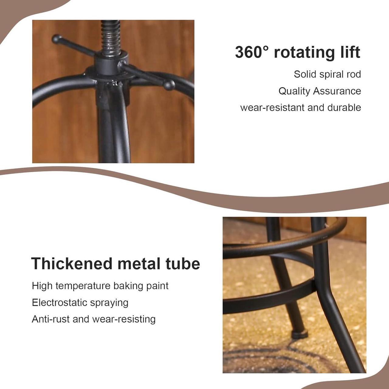 Alt view image 3 of 7 - 32 inch Vintage Industrial Bar Stool-Metal Wood Swivel Bar Stool-Retro Bar Height Stool-Counter Height Adjustable Kitchen Stools-Set of 2-Extra Tall Pub Height 26-32 Inch,Fully Welded(Black(2pcs))