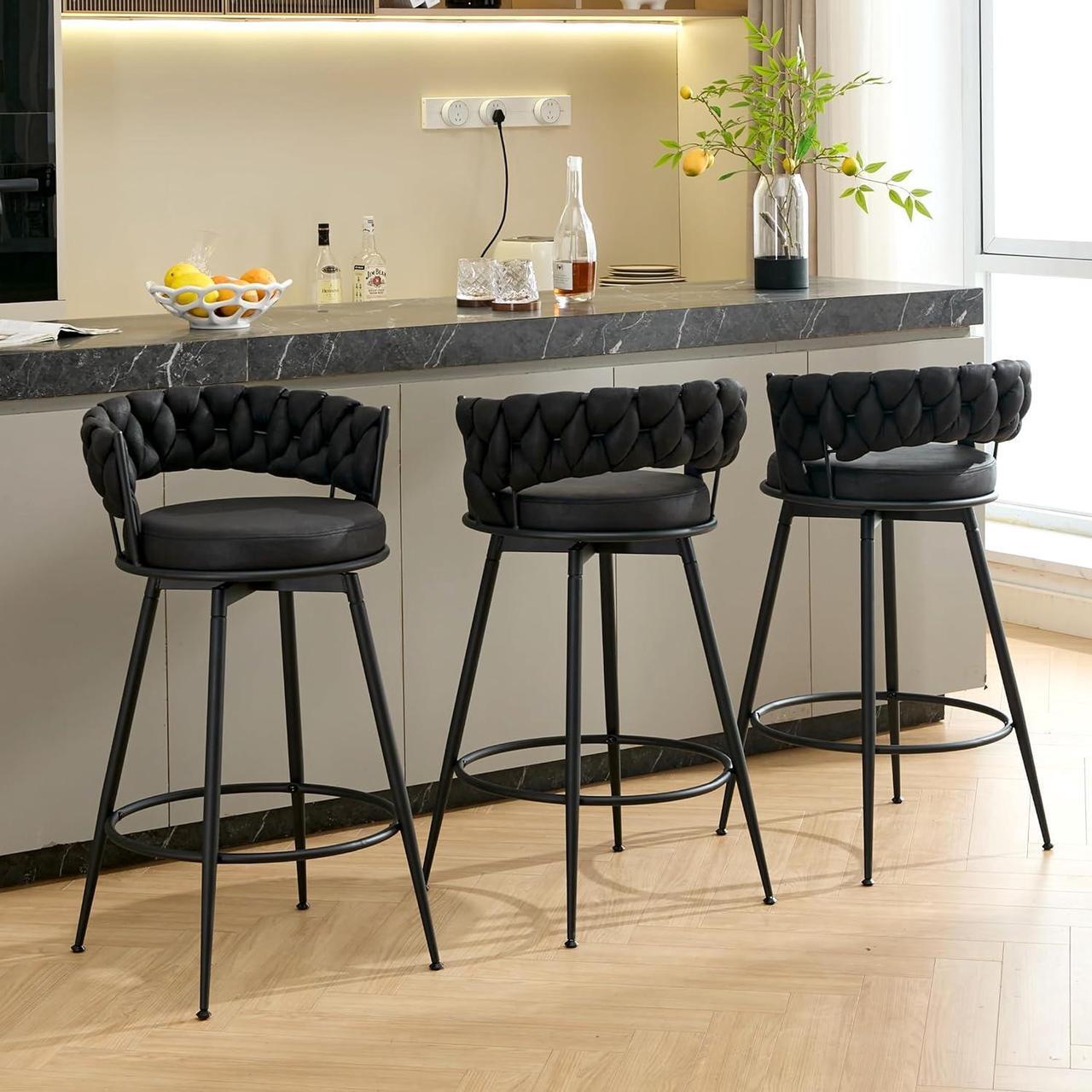 Main image of 360° Swivel Bar Stools Set of 3, 28 inch Counter Height Bar Stools Modern Barstools with Woven Back and Suede Fabric, Metal Frame & Footrest for Kitchen Island, Cafe, Pub, Bar Counter, Black