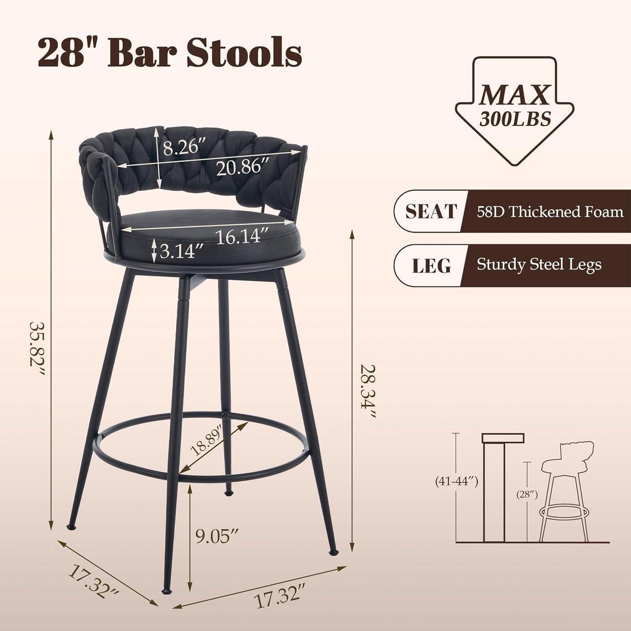 Alt view image 2 of 7 - 360° Swivel Bar Stools Set of 3, 28 inch Counter Height Bar Stools Modern Barstools with Woven Back and Suede Fabric, Metal Frame & Footrest for Kitchen Island, Cafe, Pub, Bar Counter, Black