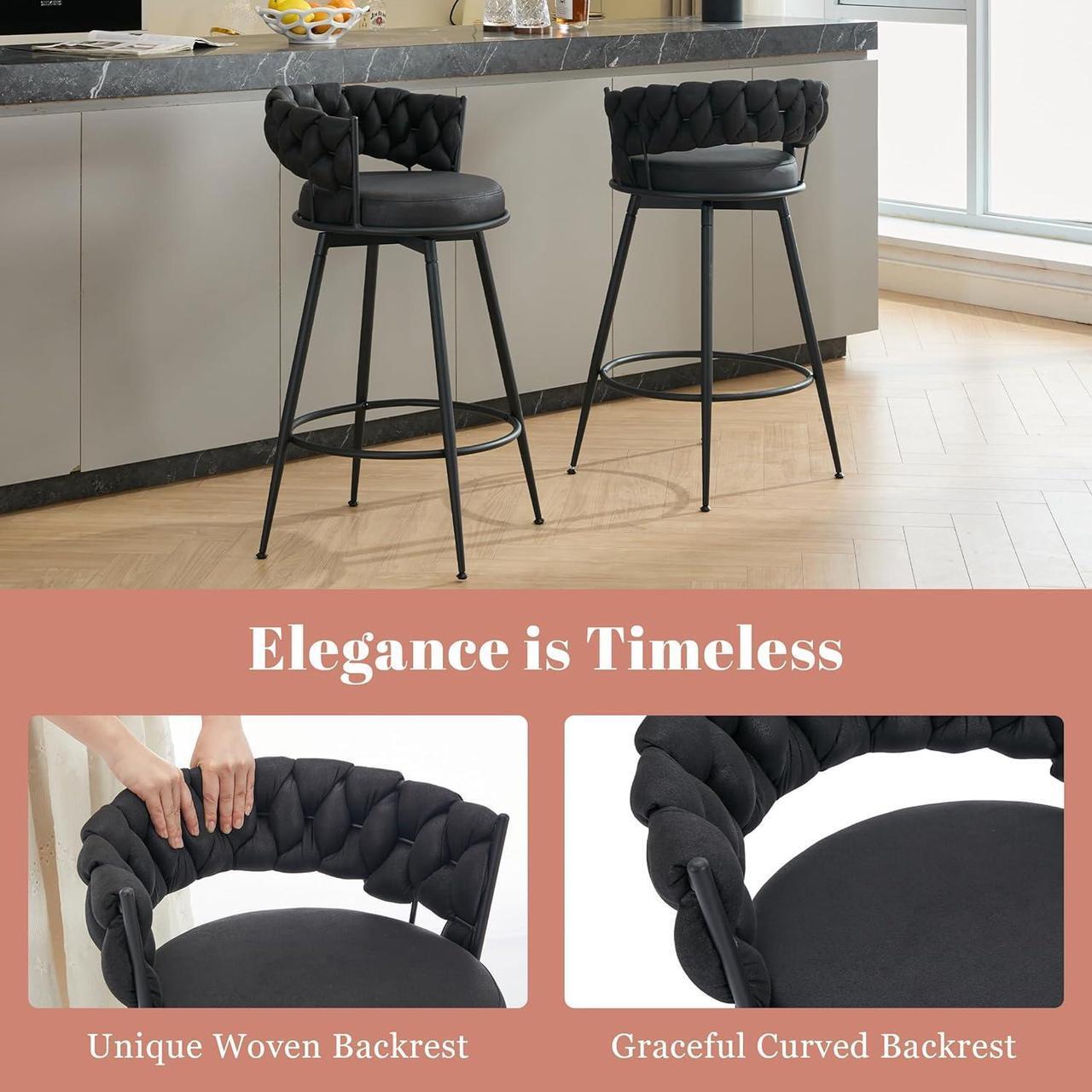 Alt view image 3 of 7 - 360° Swivel Bar Stools Set of 3, 28 inch Counter Height Bar Stools Modern Barstools with Woven Back and Suede Fabric, Metal Frame & Footrest for Kitchen Island, Cafe, Pub, Bar Counter, Black