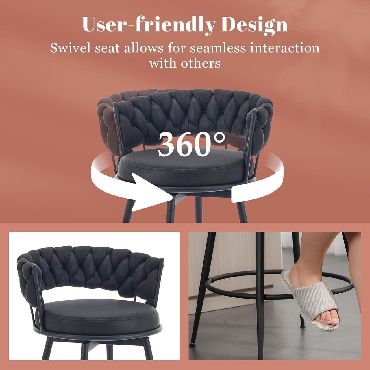 Alt view image 4 of 7 - 360° Swivel Bar Stools Set of 3, 28 inch Counter Height Bar Stools Modern Barstools with Woven Back and Suede Fabric, Metal Frame & Footrest for Kitchen Island, Cafe, Pub, Bar Counter, Black