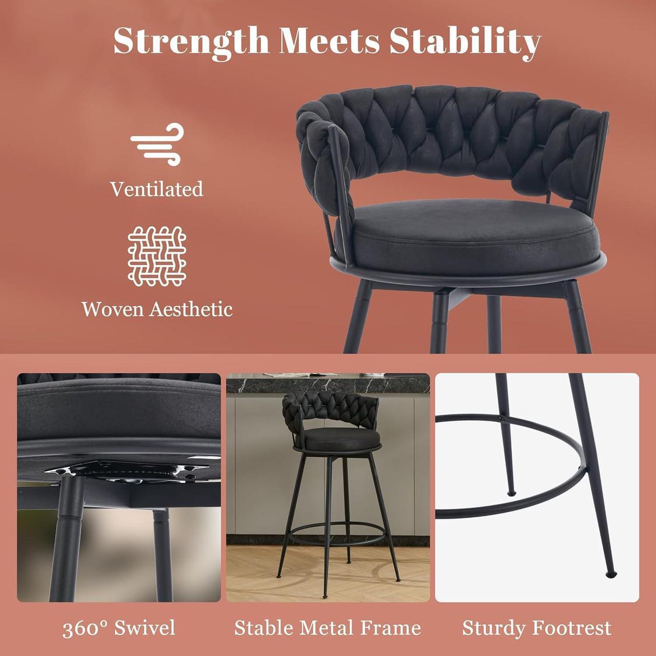 Alt view image 5 of 7 - 360° Swivel Bar Stools Set of 3, 28 inch Counter Height Bar Stools Modern Barstools with Woven Back and Suede Fabric, Metal Frame & Footrest for Kitchen Island, Cafe, Pub, Bar Counter, Black