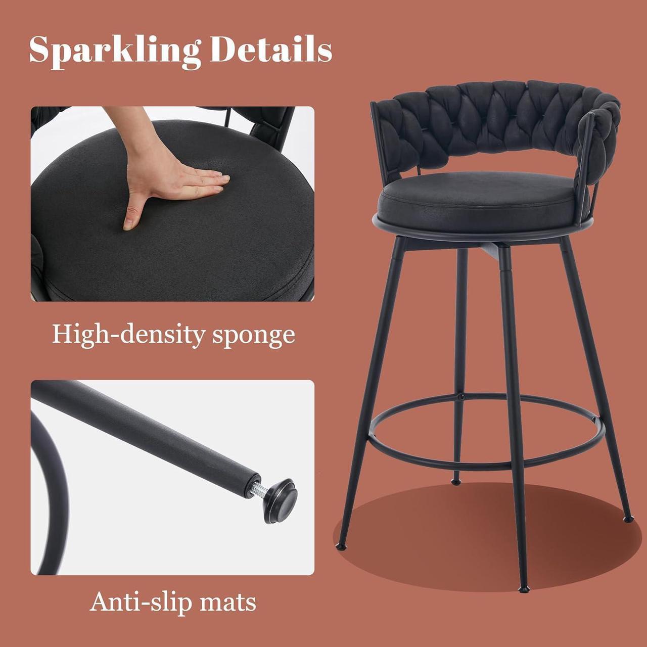 Alt view image 6 of 7 - 360° Swivel Bar Stools Set of 3, 28 inch Counter Height Bar Stools Modern Barstools with Woven Back and Suede Fabric, Metal Frame & Footrest for Kitchen Island, Cafe, Pub, Bar Counter, Black