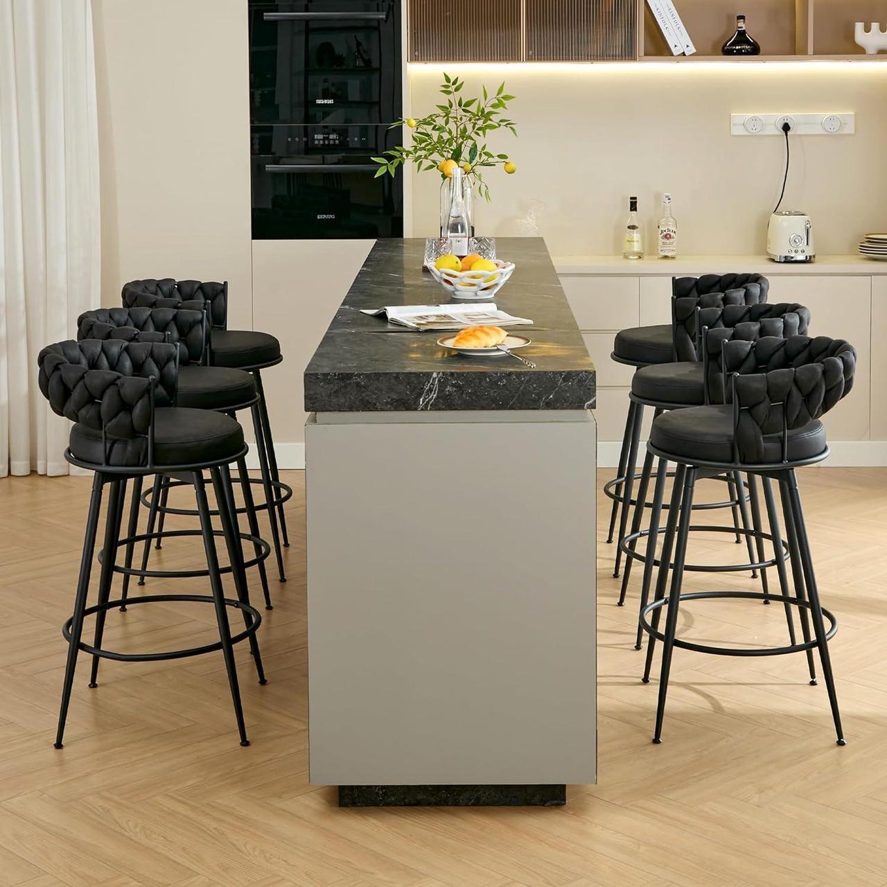 Alt view image 7 of 7 - 360° Swivel Bar Stools Set of 3, 28 inch Counter Height Bar Stools Modern Barstools with Woven Back and Suede Fabric, Metal Frame & Footrest for Kitchen Island, Cafe, Pub, Bar Counter, Black