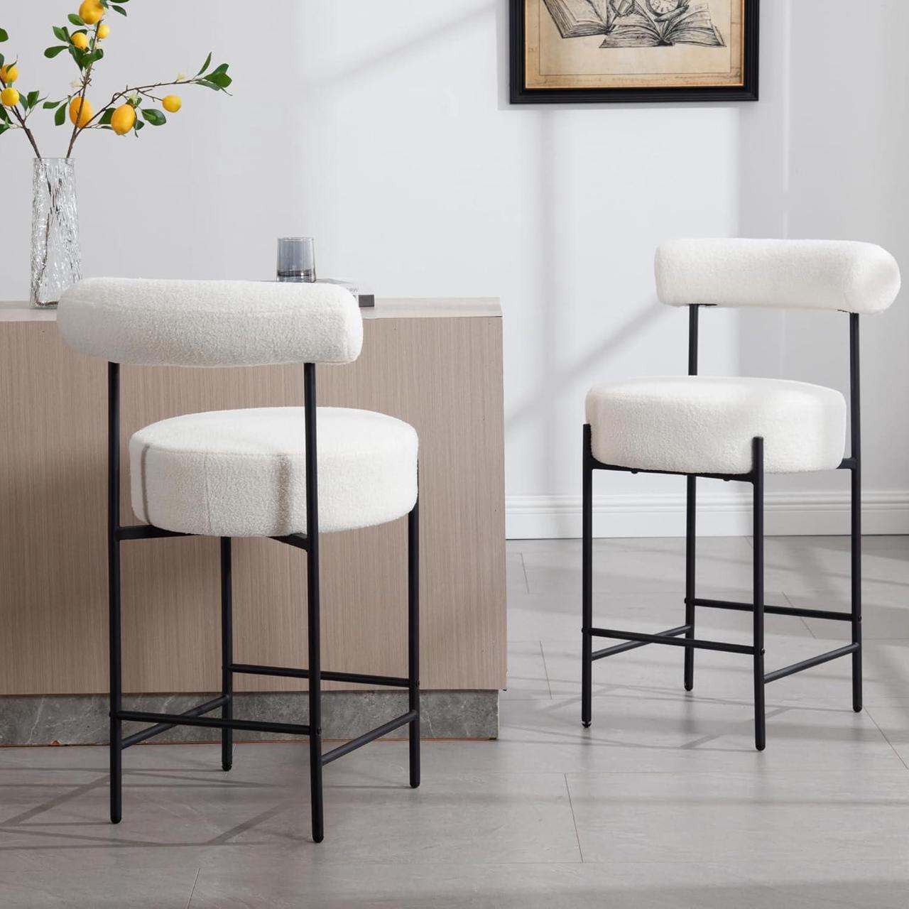 Main image of Modern Sherpa Bar Stools Set of 2 White Boucle Bar Stools with Back Upholstered Barstools 26'' Counter Stools with Black Metal Legs for Kitchen Island/Kitchen Counter/Bistro