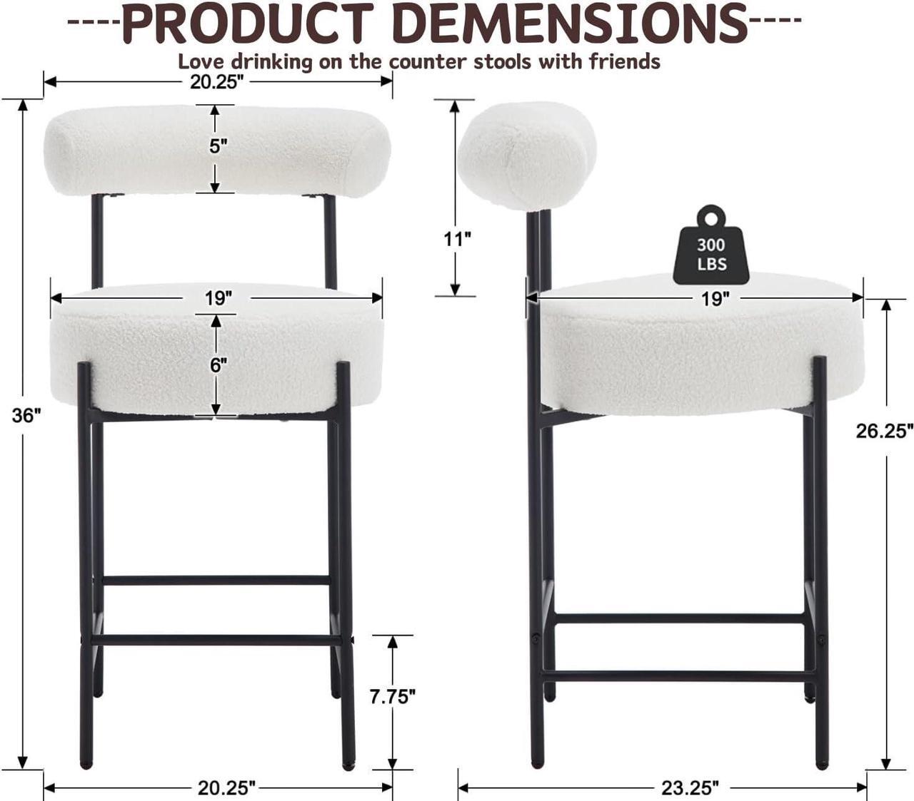 Alt view image 2 of 7 - Modern Sherpa Bar Stools Set of 2 White Boucle Bar Stools with Back Upholstered Barstools 26'' Counter Stools with Black Metal Legs for Kitchen Island/Kitchen Counter/Bistro
