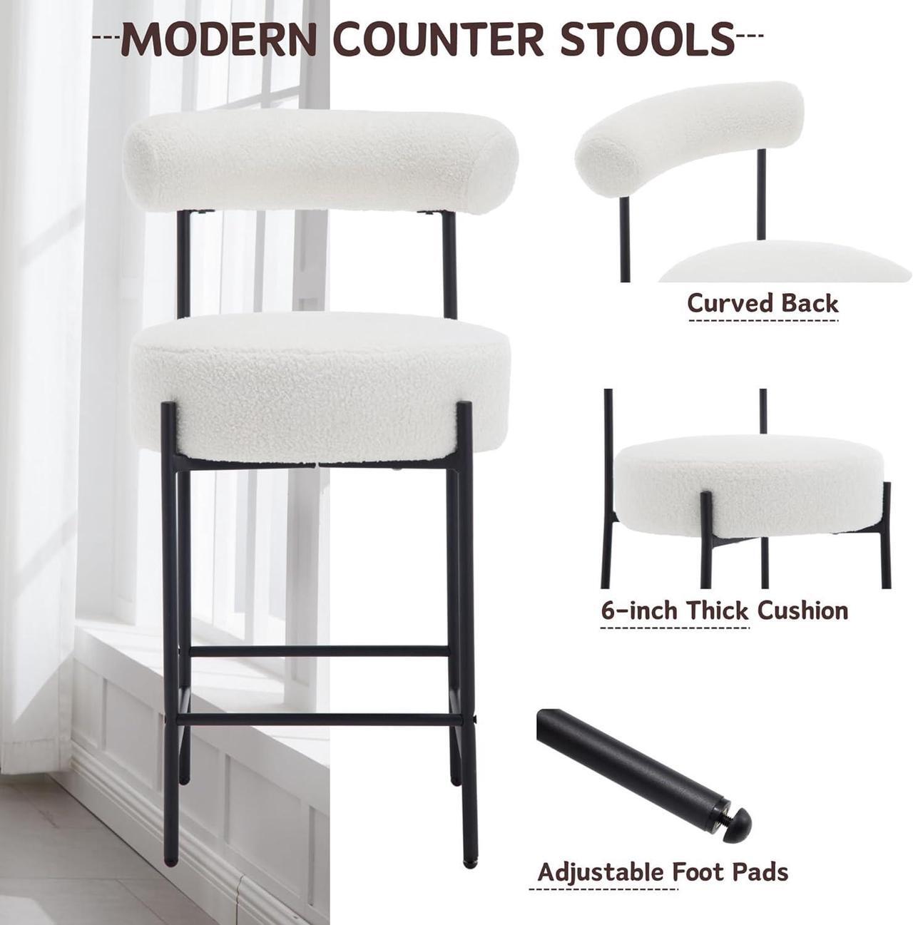 Alt view image 4 of 7 - Modern Sherpa Bar Stools Set of 2 White Boucle Bar Stools with Back Upholstered Barstools 26'' Counter Stools with Black Metal Legs for Kitchen Island/Kitchen Counter/Bistro