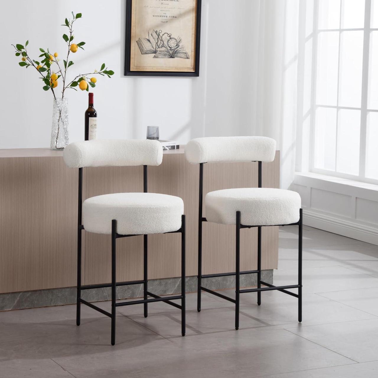 Alt view image 7 of 7 - Modern Sherpa Bar Stools Set of 2 White Boucle Bar Stools with Back Upholstered Barstools 26'' Counter Stools with Black Metal Legs for Kitchen Island/Kitchen Counter/Bistro
