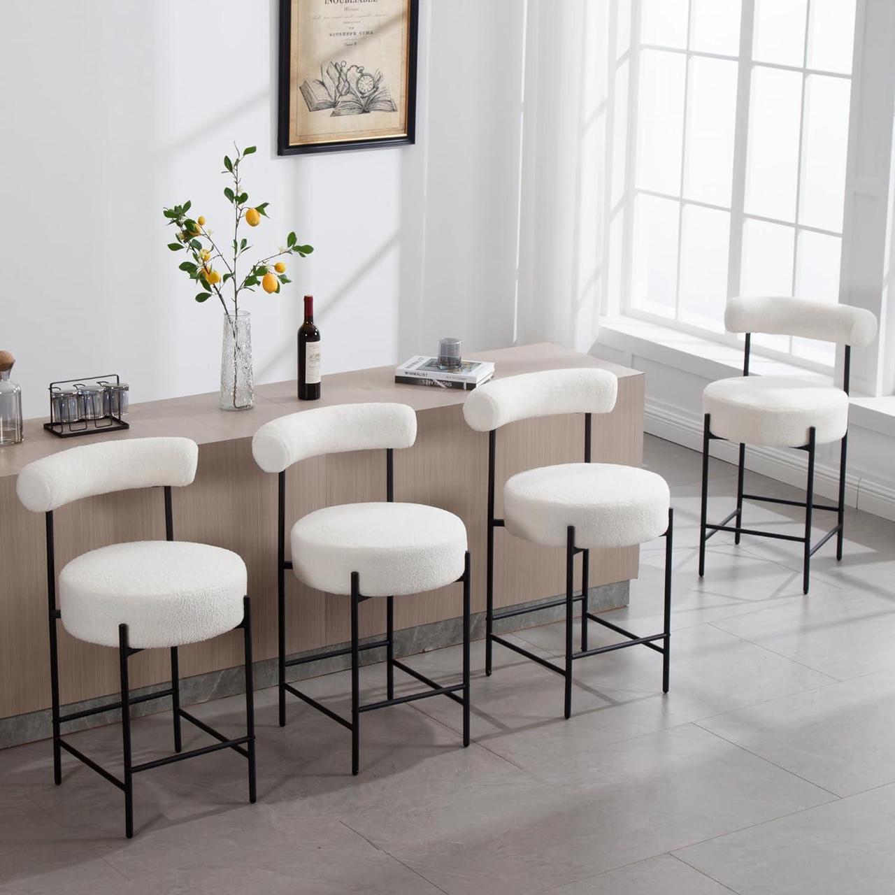 Alt view image 3 of 7 - Modern Sherpa Bar Stools Set of 2 White Boucle Bar Stools with Back Upholstered Barstools 26'' Counter Stools with Black Metal Legs for Kitchen Island/Kitchen Counter/Bistro