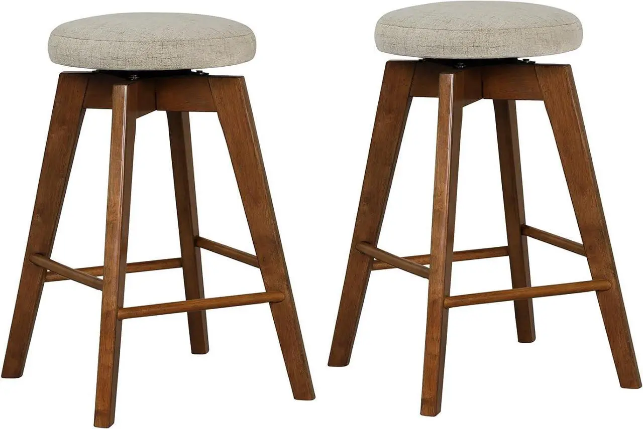 Main image of COSTWAY Swivel Bar Stools Set of 2, 26-inch Backless Counter Height Bar Chairs with Rubber Wood Legs, Linen Fabric Seat, Footrest, Modern Counter Stools for Kitchen Island, Pub, Dining, Beige+Brown
