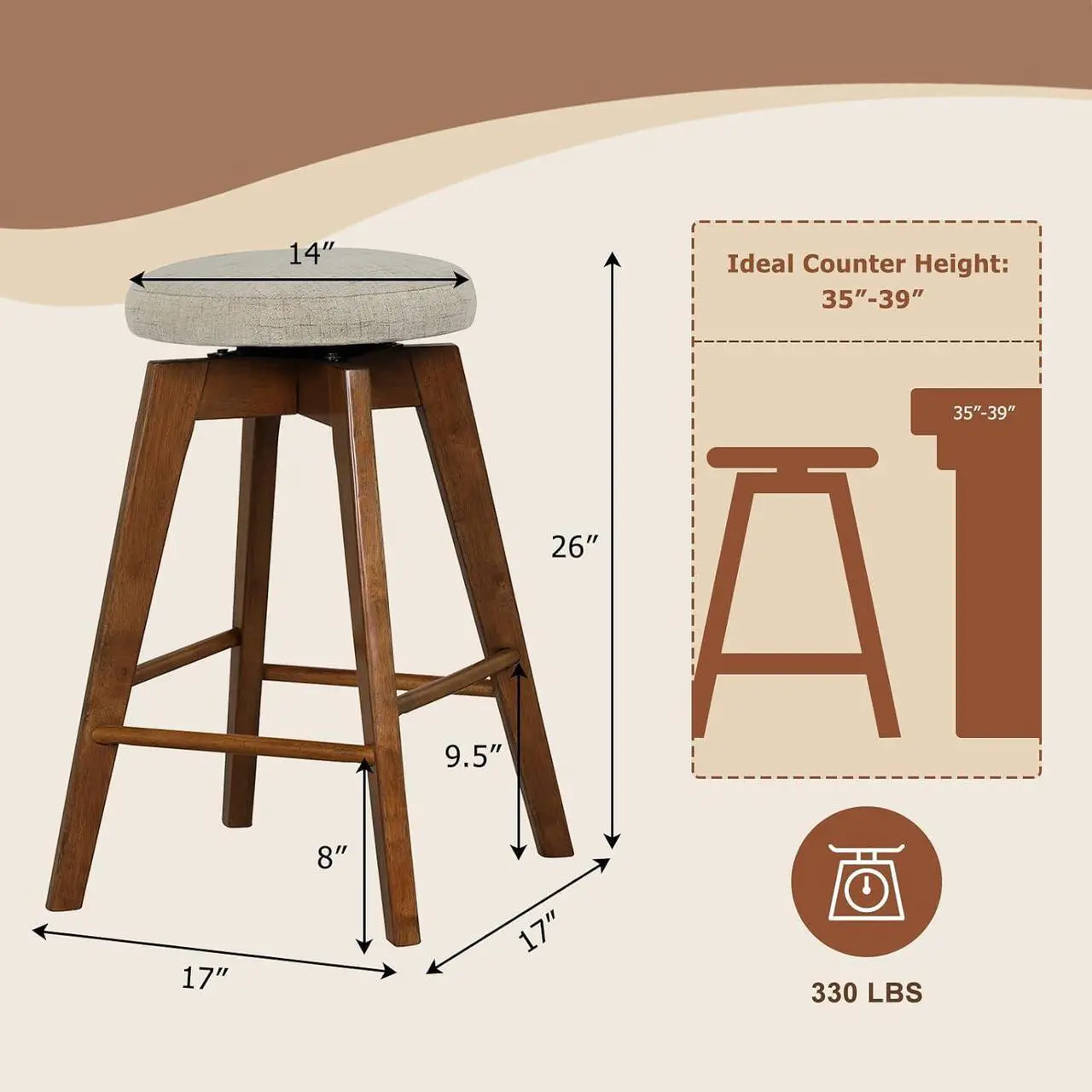Alt view image 3 of 7 - COSTWAY Swivel Bar Stools Set of 2, 26-inch Backless Counter Height Bar Chairs with Rubber Wood Legs, Linen Fabric Seat, Footrest, Modern Counter Stools for Kitchen Island, Pub, Dining, Beige+Brown