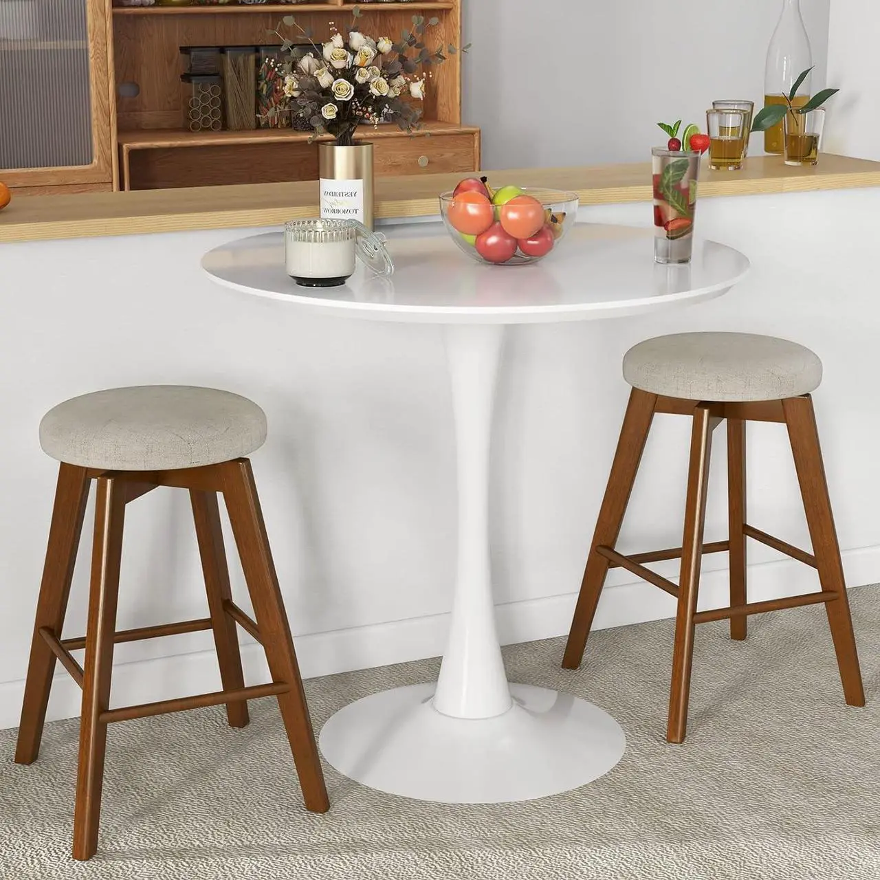 Alt view image 2 of 7 - COSTWAY Swivel Bar Stools Set of 2, 26-inch Backless Counter Height Bar Chairs with Rubber Wood Legs, Linen Fabric Seat, Footrest, Modern Counter Stools for Kitchen Island, Pub, Dining, Beige+Brown