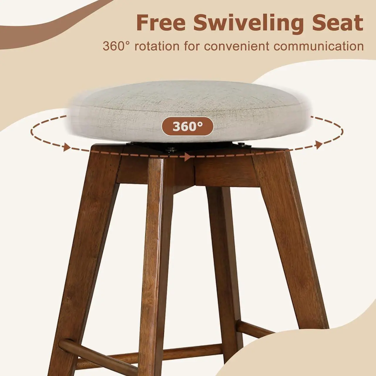 Alt view image 4 of 7 - COSTWAY Swivel Bar Stools Set of 2, 26-inch Backless Counter Height Bar Chairs with Rubber Wood Legs, Linen Fabric Seat, Footrest, Modern Counter Stools for Kitchen Island, Pub, Dining, Beige+Brown