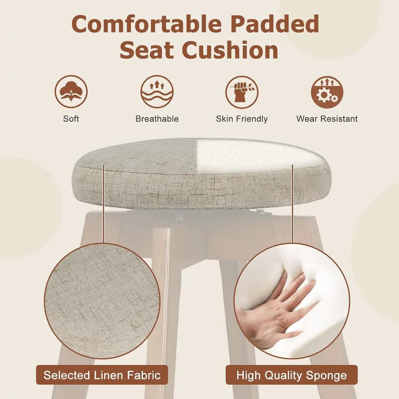 Alt view image 5 of 7 - COSTWAY Swivel Bar Stools Set of 2, 26-inch Backless Counter Height Bar Chairs with Rubber Wood Legs, Linen Fabric Seat, Footrest, Modern Counter Stools for Kitchen Island, Pub, Dining, Beige+Brown