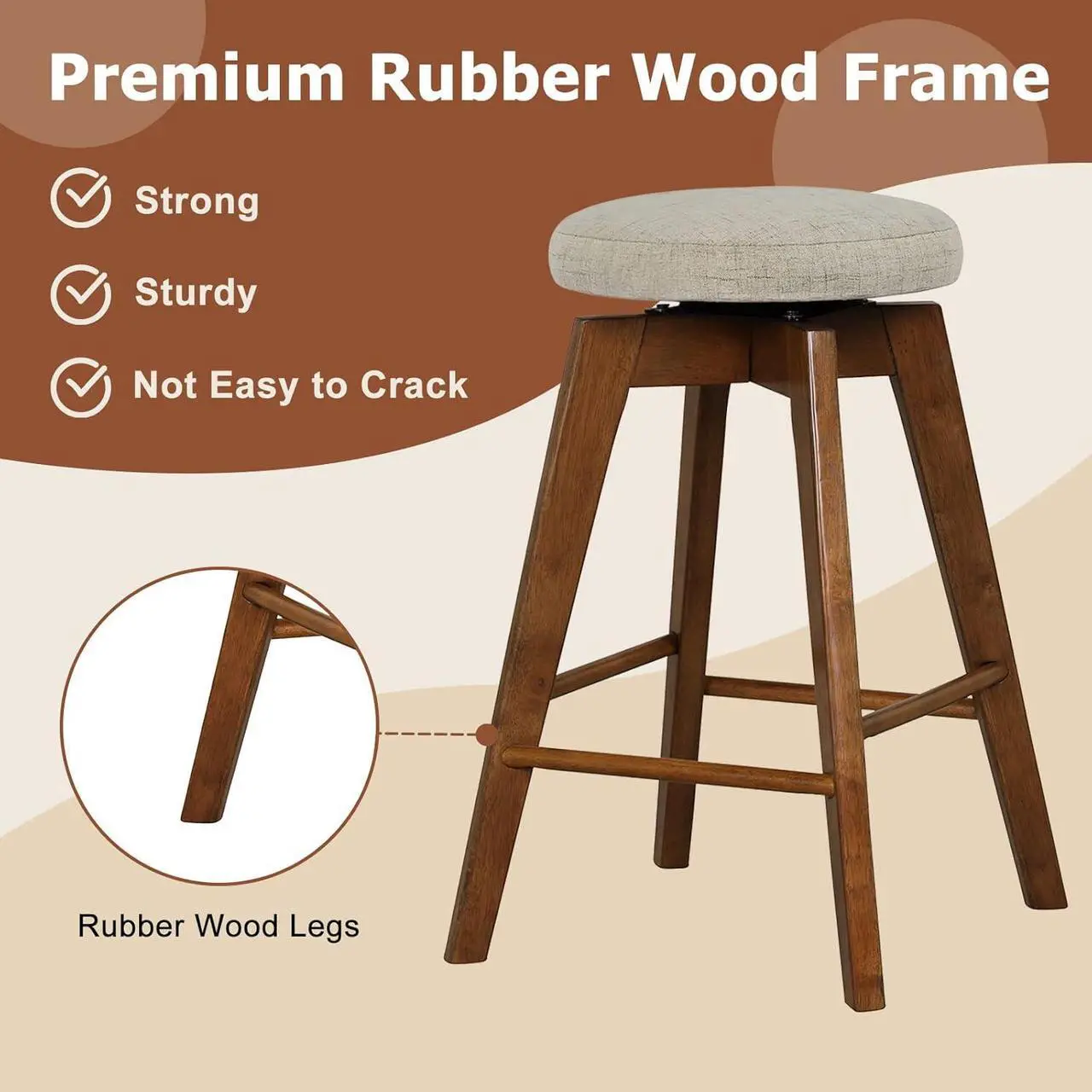 Alt view image 6 of 7 - COSTWAY Swivel Bar Stools Set of 2, 26-inch Backless Counter Height Bar Chairs with Rubber Wood Legs, Linen Fabric Seat, Footrest, Modern Counter Stools for Kitchen Island, Pub, Dining, Beige+Brown