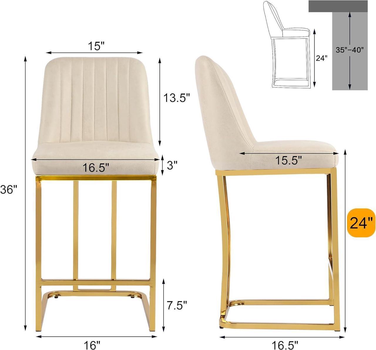 Alt view image 2 of 7 - LSSBOUGHT Counter Height Bar Stools Set of 4 24'' Upholstered Padded Barstools with Back Leathaire Counter stools for Kitchen Island Chairs with Gold Metal Iron Frame, Beige