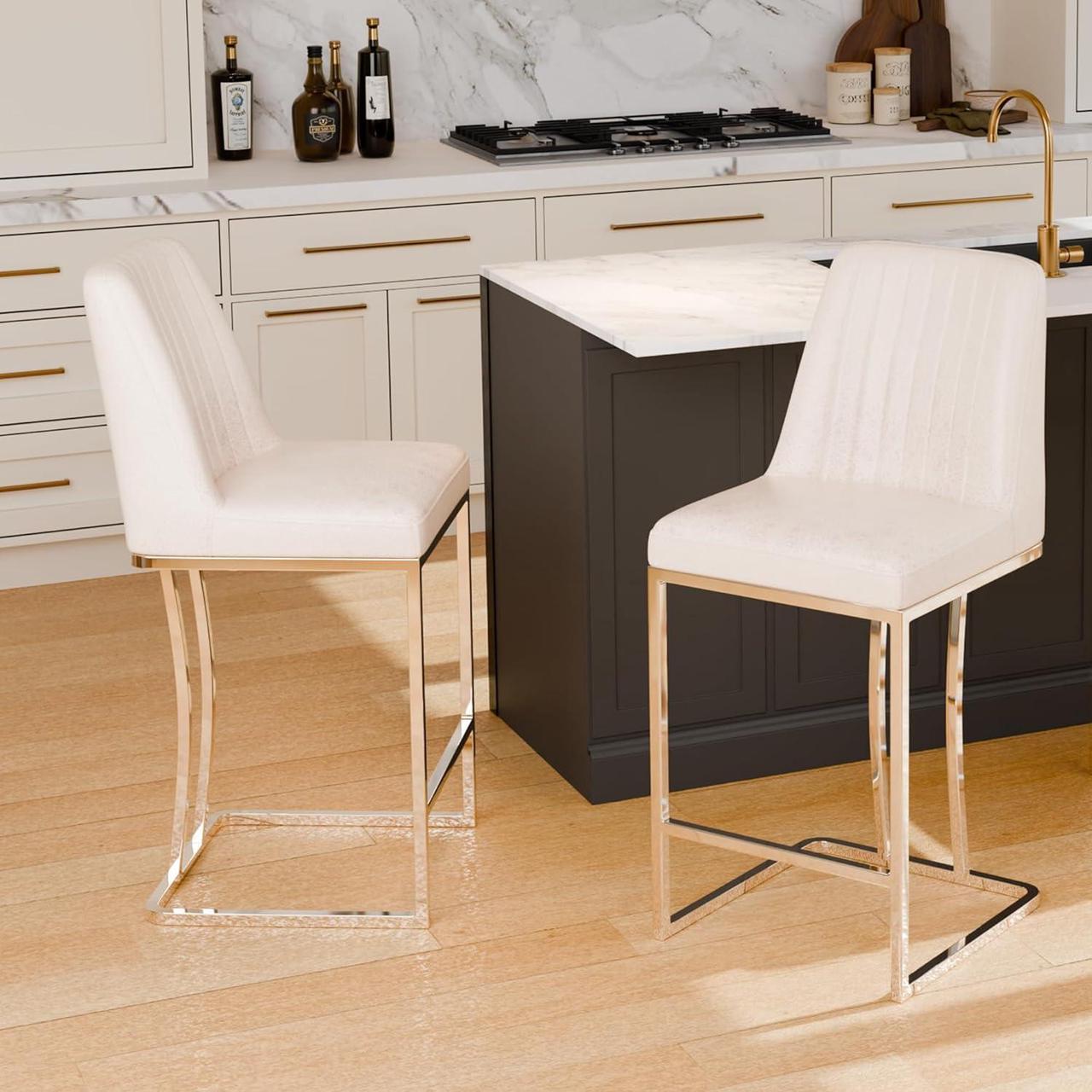 Alt view image 7 of 7 - LSSBOUGHT Counter Height Bar Stools Set of 4 24'' Upholstered Padded Barstools with Back Leathaire Counter stools for Kitchen Island Chairs with Gold Metal Iron Frame, Beige