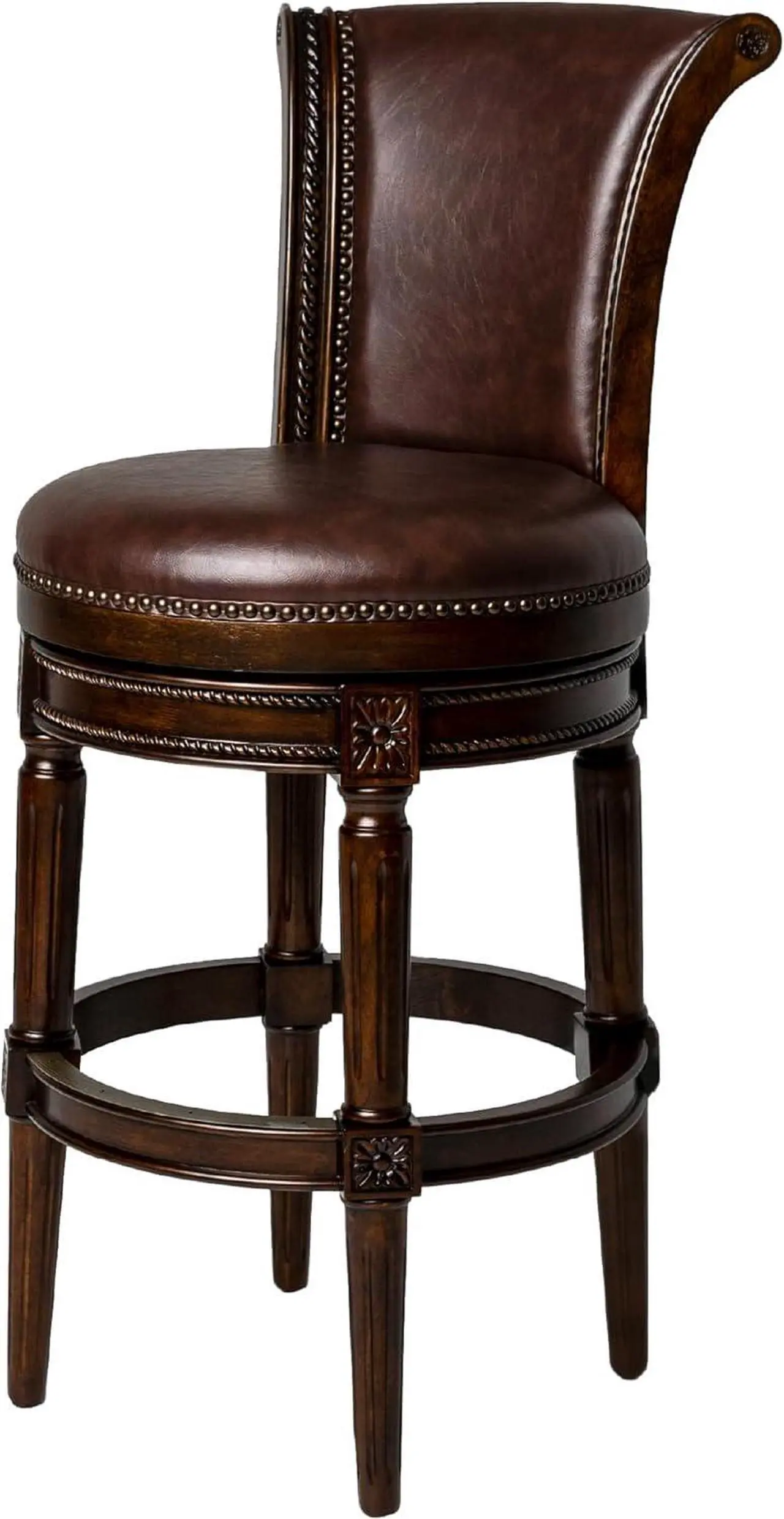 Main image of Maven Lane Pullman 31 Inch Tall Counter Height Upholstered Barstool with Back in Dark Walnut Finish with Vintage Brown Vegan Leather Cushion Seat