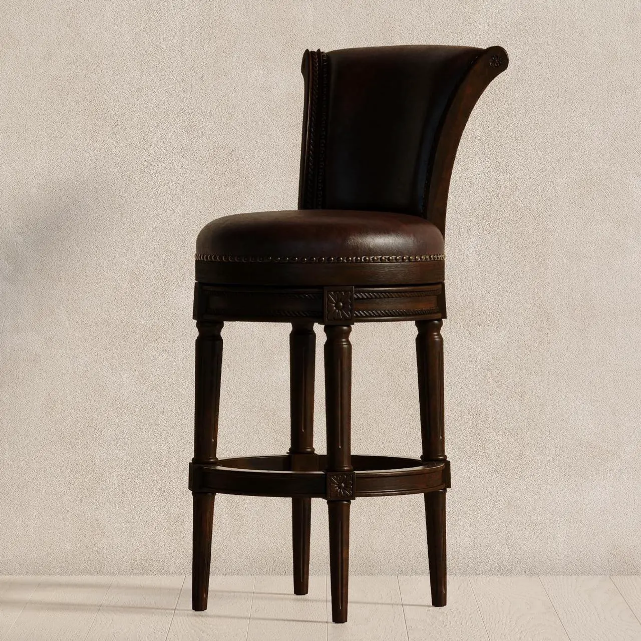 Alt view image 2 of 6 - Maven Lane Pullman 31 Inch Tall Counter Height Upholstered Barstool with Back in Dark Walnut Finish with Vintage Brown Vegan Leather Cushion Seat