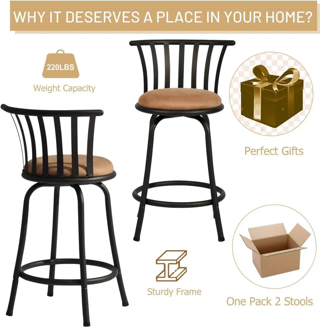 Alt view image 5 of 7 - Homy Casa Bar Stools Set of 4, Modern Metal Kitchen Counter Height Bar Stools with Sturdy Back, Suede Swivel Barstools for Kitchen Island, Farmhouse & Dining Room