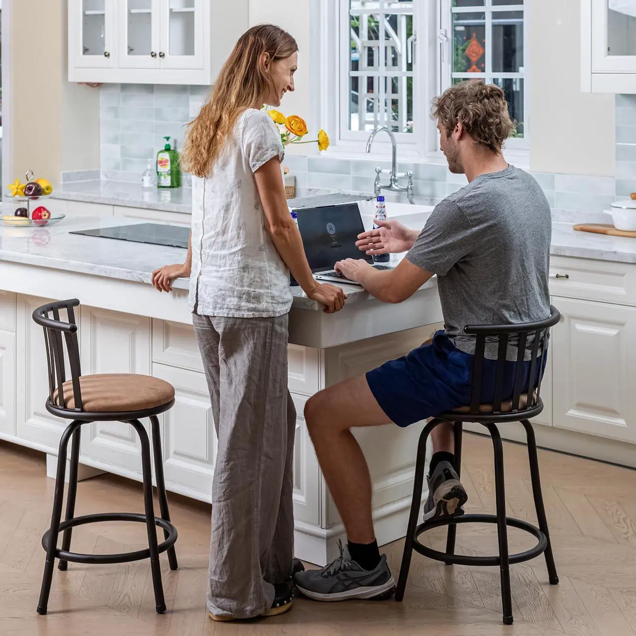 Alt view image 6 of 7 - Homy Casa Bar Stools Set of 4, Modern Metal Kitchen Counter Height Bar Stools with Sturdy Back, Suede Swivel Barstools for Kitchen Island, Farmhouse & Dining Room