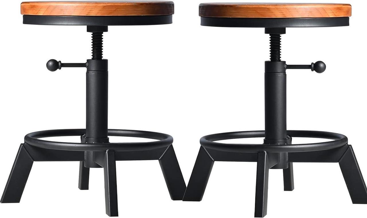 Main image of Set of 2 Industrial Bar Stools Short Stool Swivel Wooden Seat Kitchen Island Chairs Counter Height Adjustable 15.2-21inch