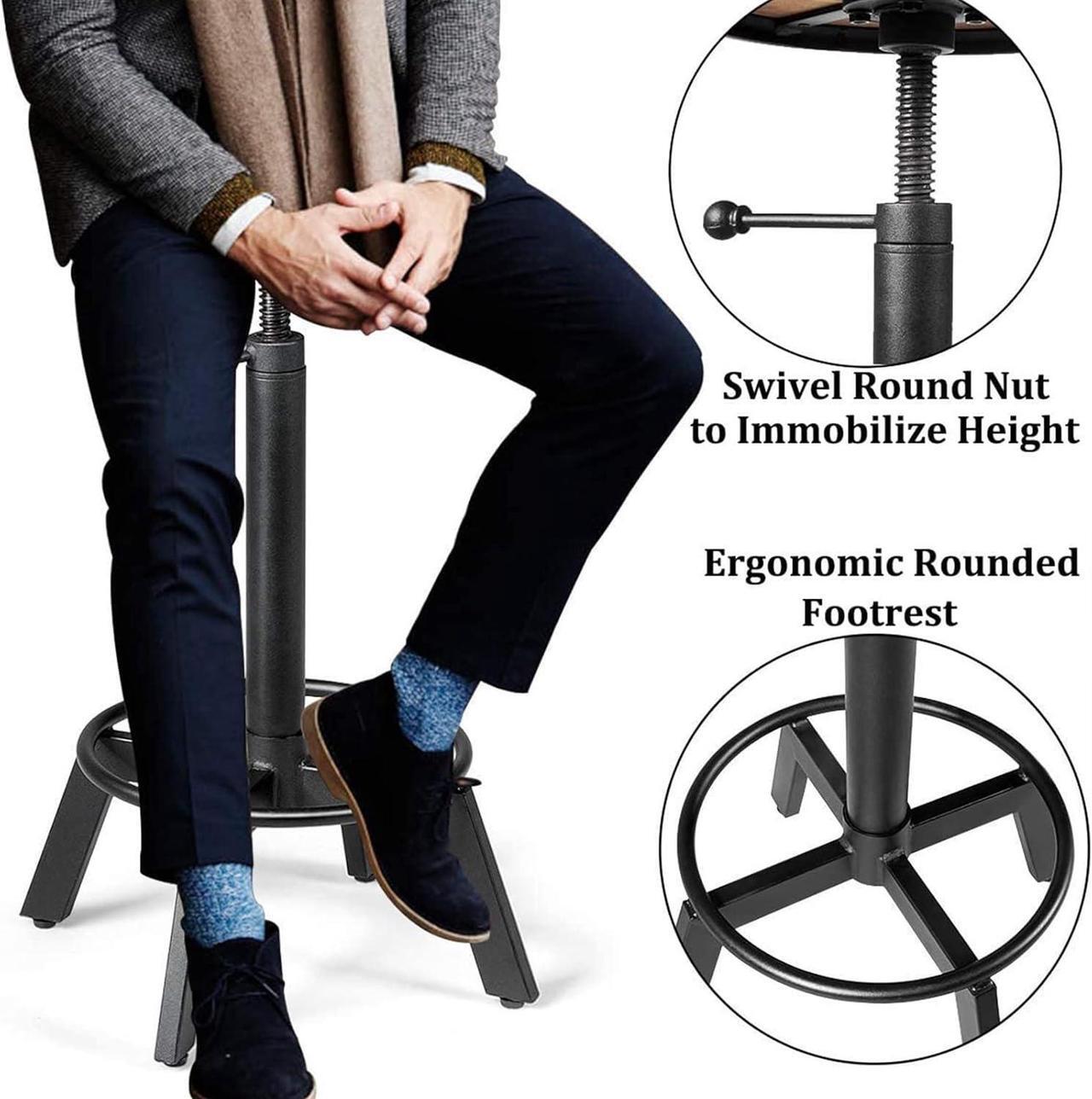 Alt view image 5 of 7 - Set of 2 Industrial Bar Stools Short Stool Swivel Wooden Seat Kitchen Island Chairs Counter Height Adjustable 15.2-21inch