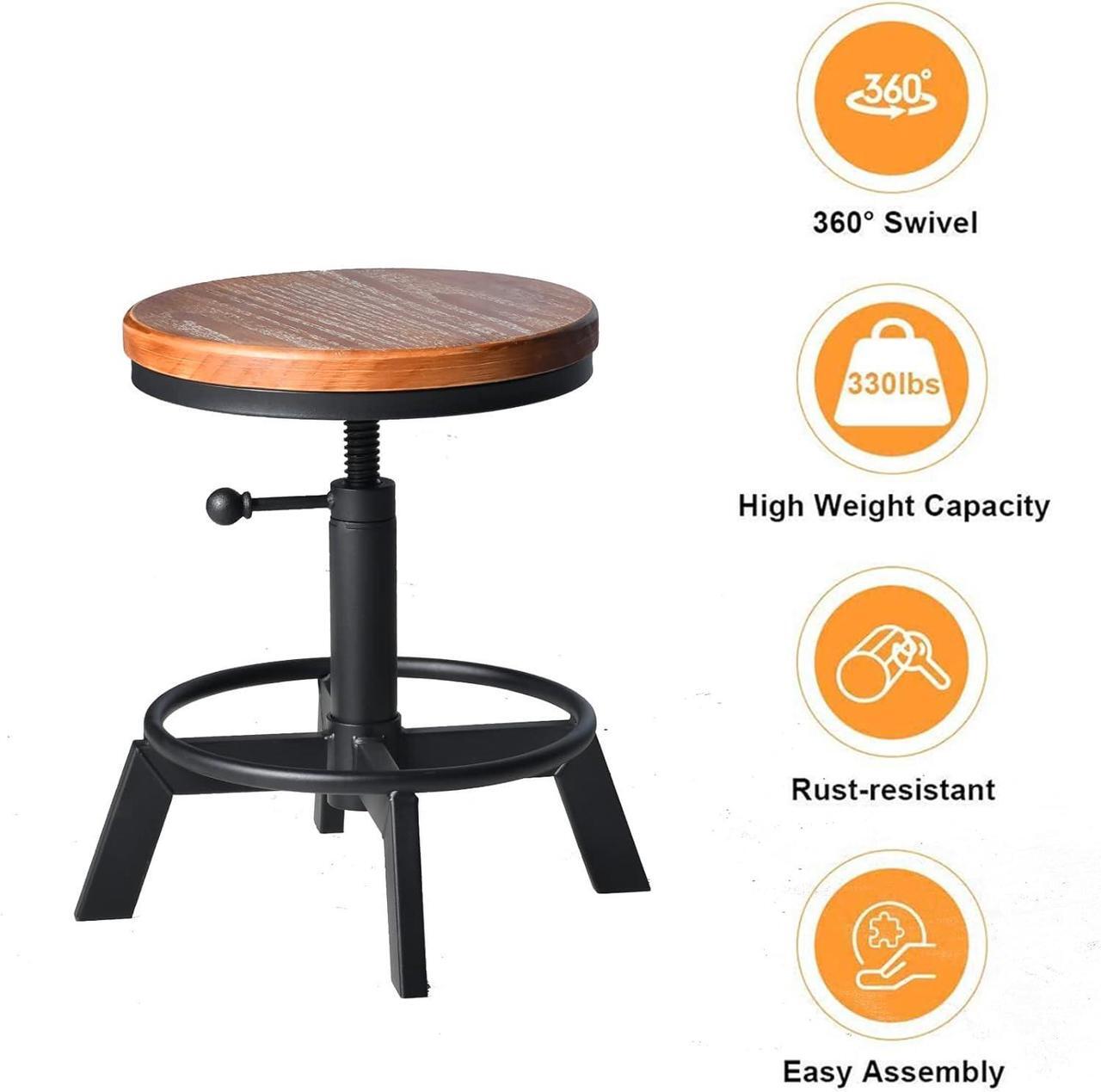 Alt view image 7 of 7 - Set of 2 Industrial Bar Stools Short Stool Swivel Wooden Seat Kitchen Island Chairs Counter Height Adjustable 15.2-21inch
