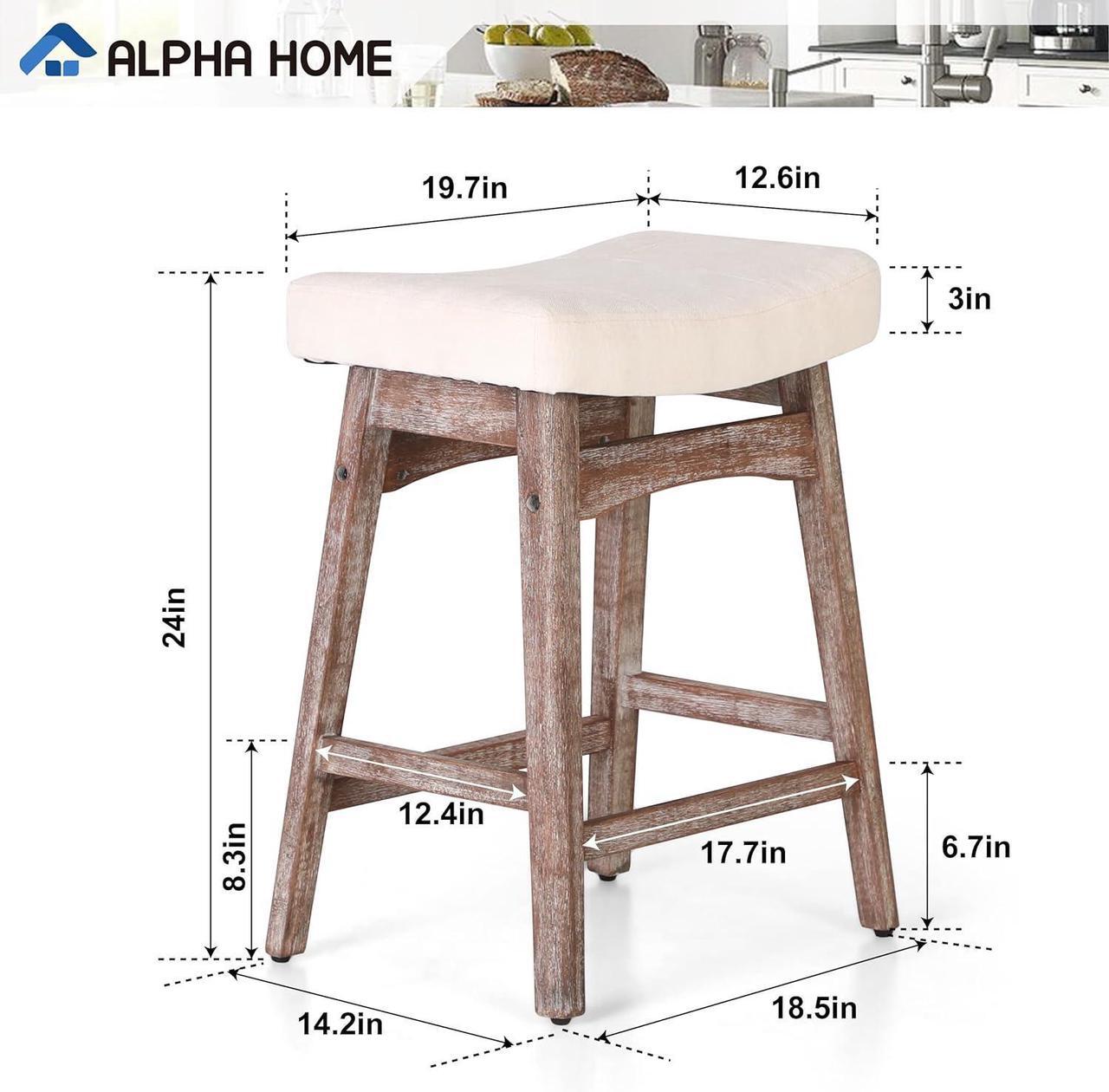 Alt view image 2 of 7 - ALPHA HOME Bar Stools Set of 4, Solid Wood Saddle Kitchen Stools with Beige Linen Fabric Cushion Counter Height Barstools with Vintage Farm Wooden Base for Kitchen Dining Cafe, 24 Inch, Beige, 4PCS