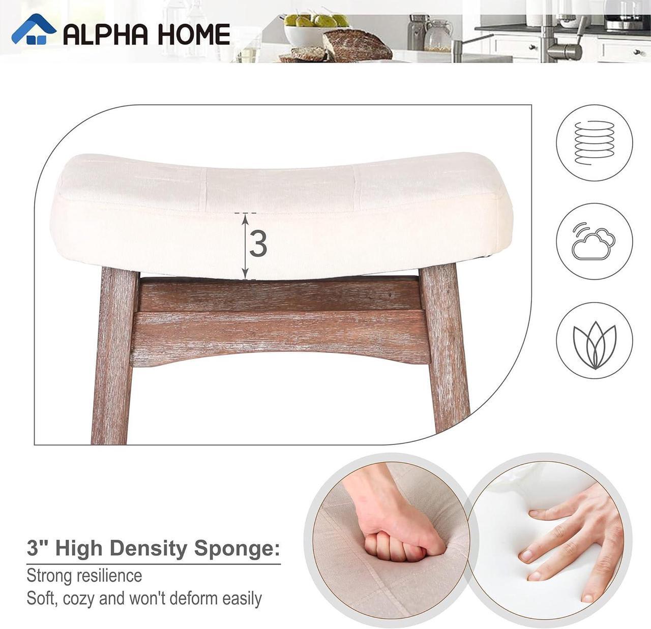 Alt view image 3 of 7 - ALPHA HOME Bar Stools Set of 4, Solid Wood Saddle Kitchen Stools with Beige Linen Fabric Cushion Counter Height Barstools with Vintage Farm Wooden Base for Kitchen Dining Cafe, 24 Inch, Beige, 4PCS